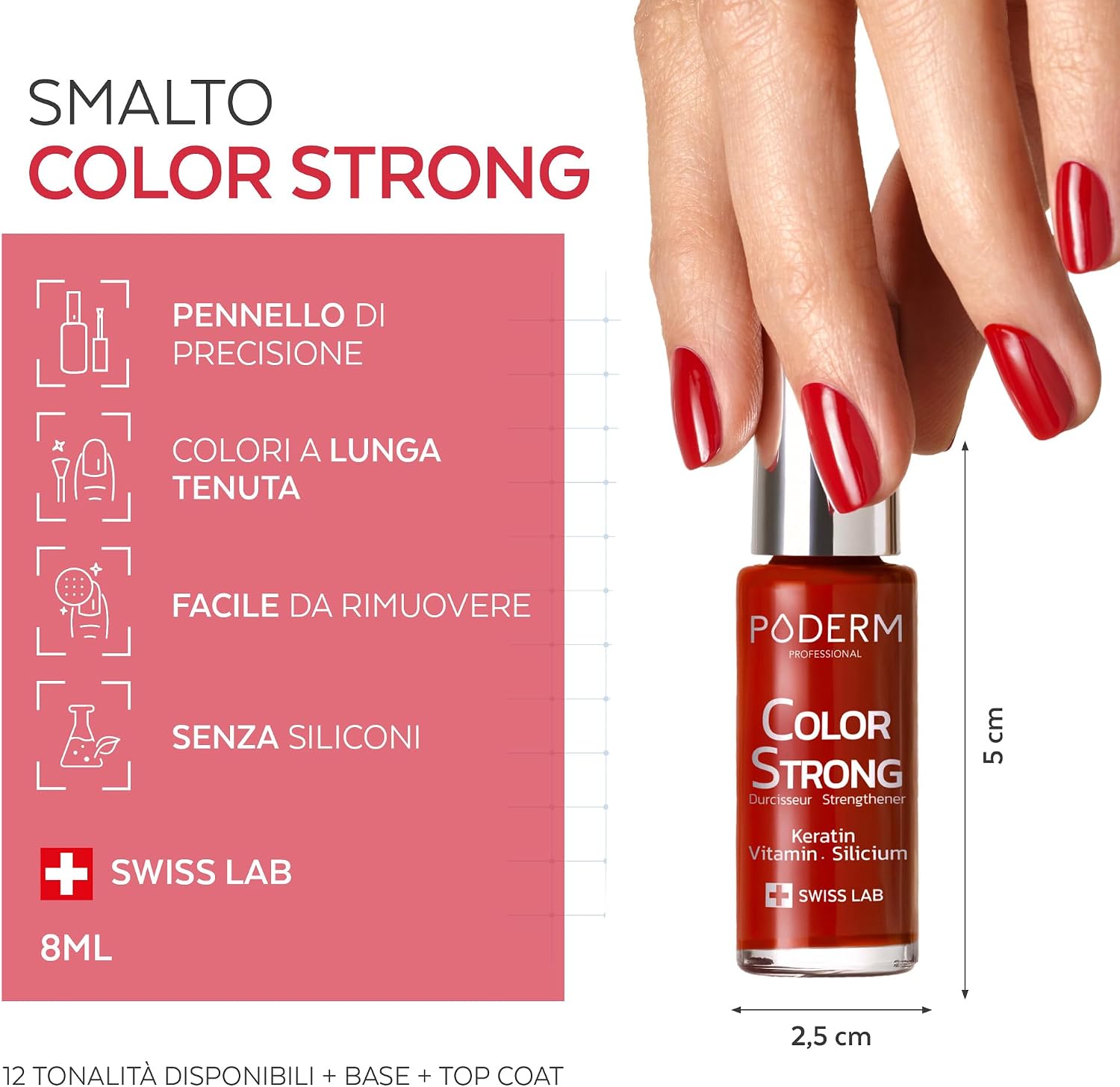 Detalle de PODERM Smalto rinforzante unghie con biotina, silicio e cheratina Color Strong (SWISS MADE)