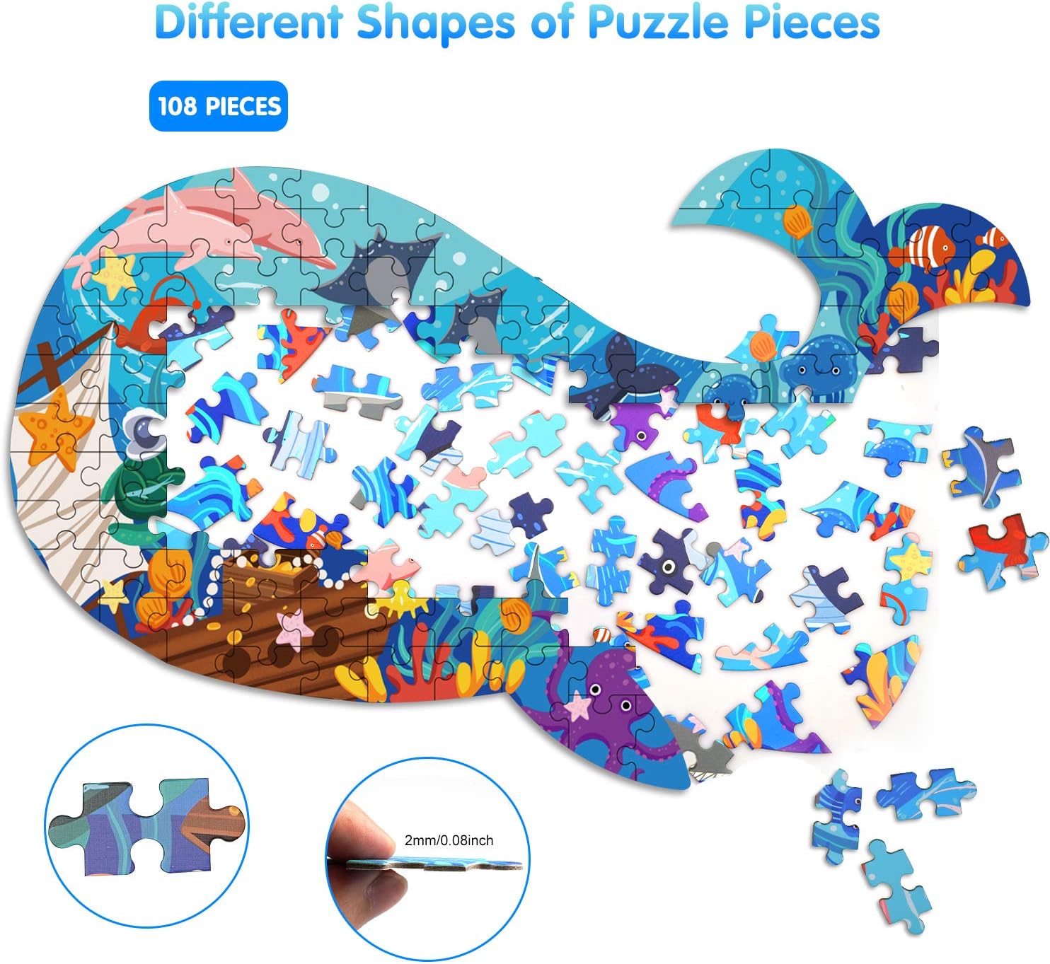 Thumbnail 2 de Ocean Whale Puzzle for Kids 4-10, 108 Large Thick Pieces – Non-Toxic Recycled Cardboard