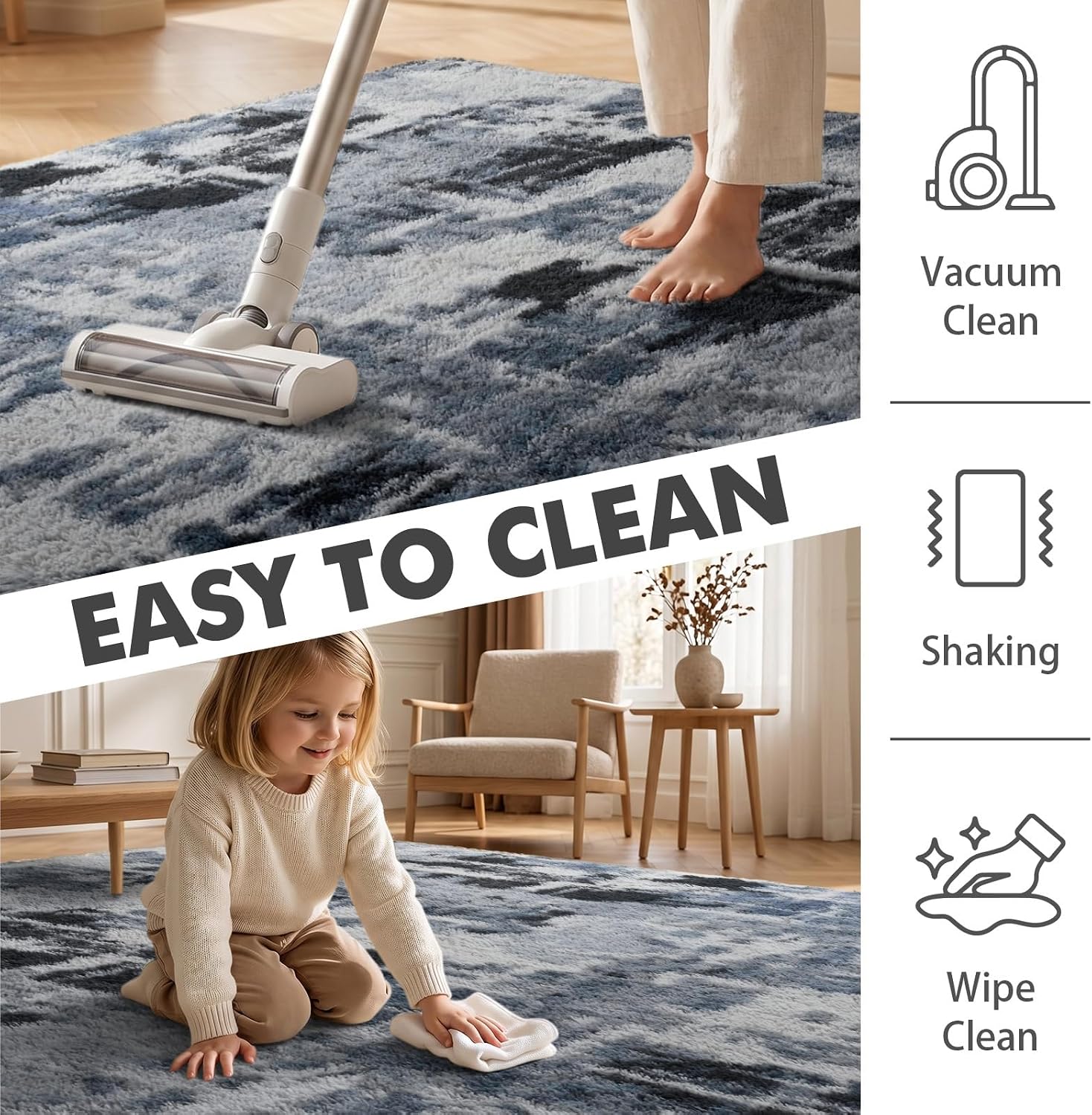 Thumbnail 6 de 9x12 Ft Extra Large Shag Rug (Blue) for Living Room & Bedroom, Ultra-Soft Fluffy Area Rug for Kids Decor