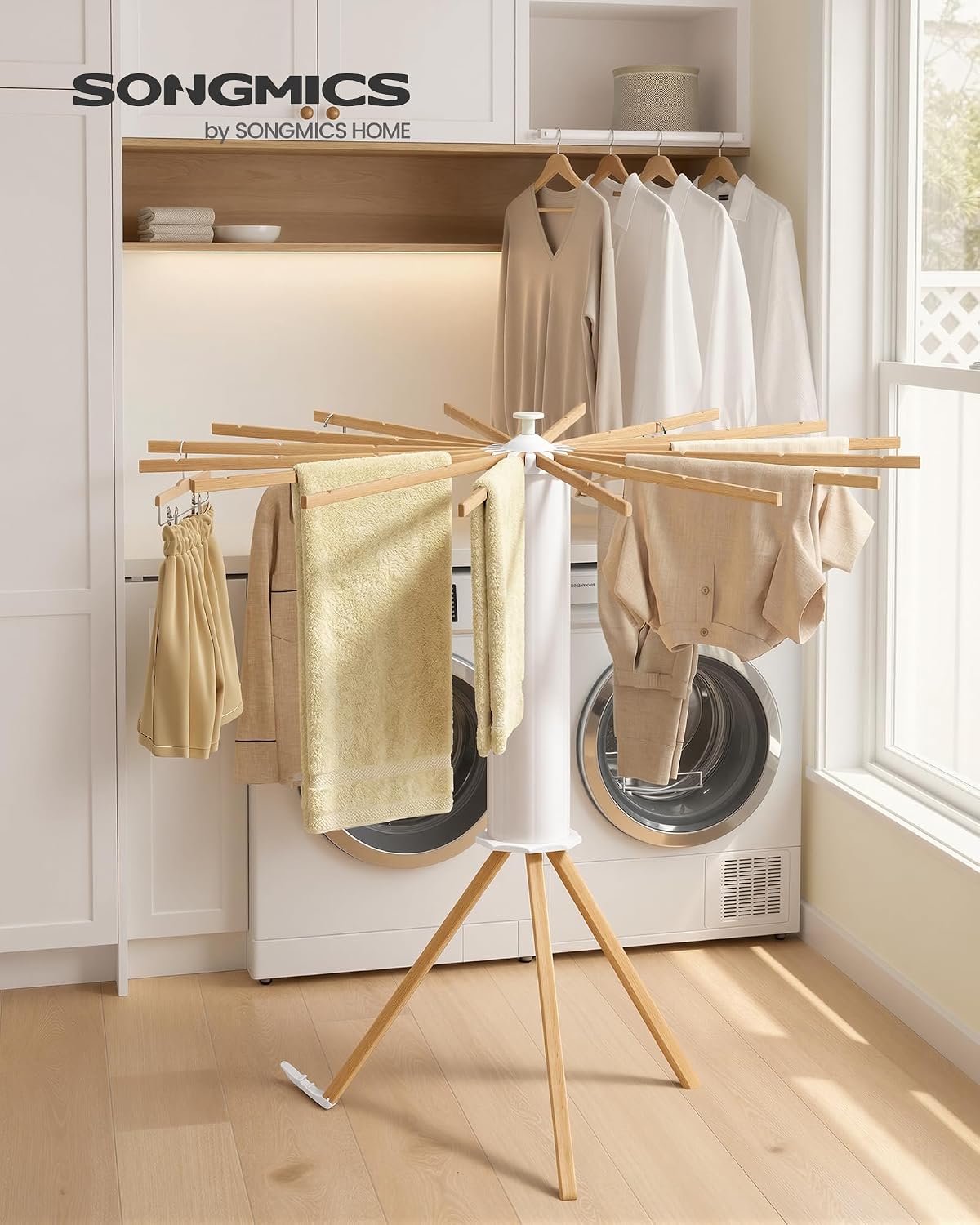 Detalle de SONGMICS ULLR530YW01 Foldable Clothes Drying Rack with 16 Rotating Beech Wood Arms