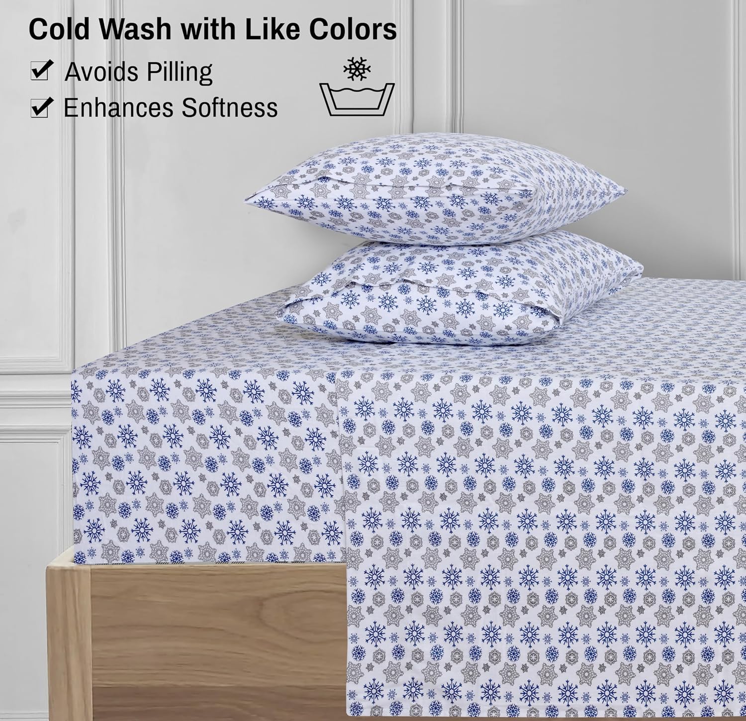 Detalle 2 de RUVANTI 6T-613L-DYLH Full Flannel Sheet Set, 100% Cotton, Snow Flake Grey