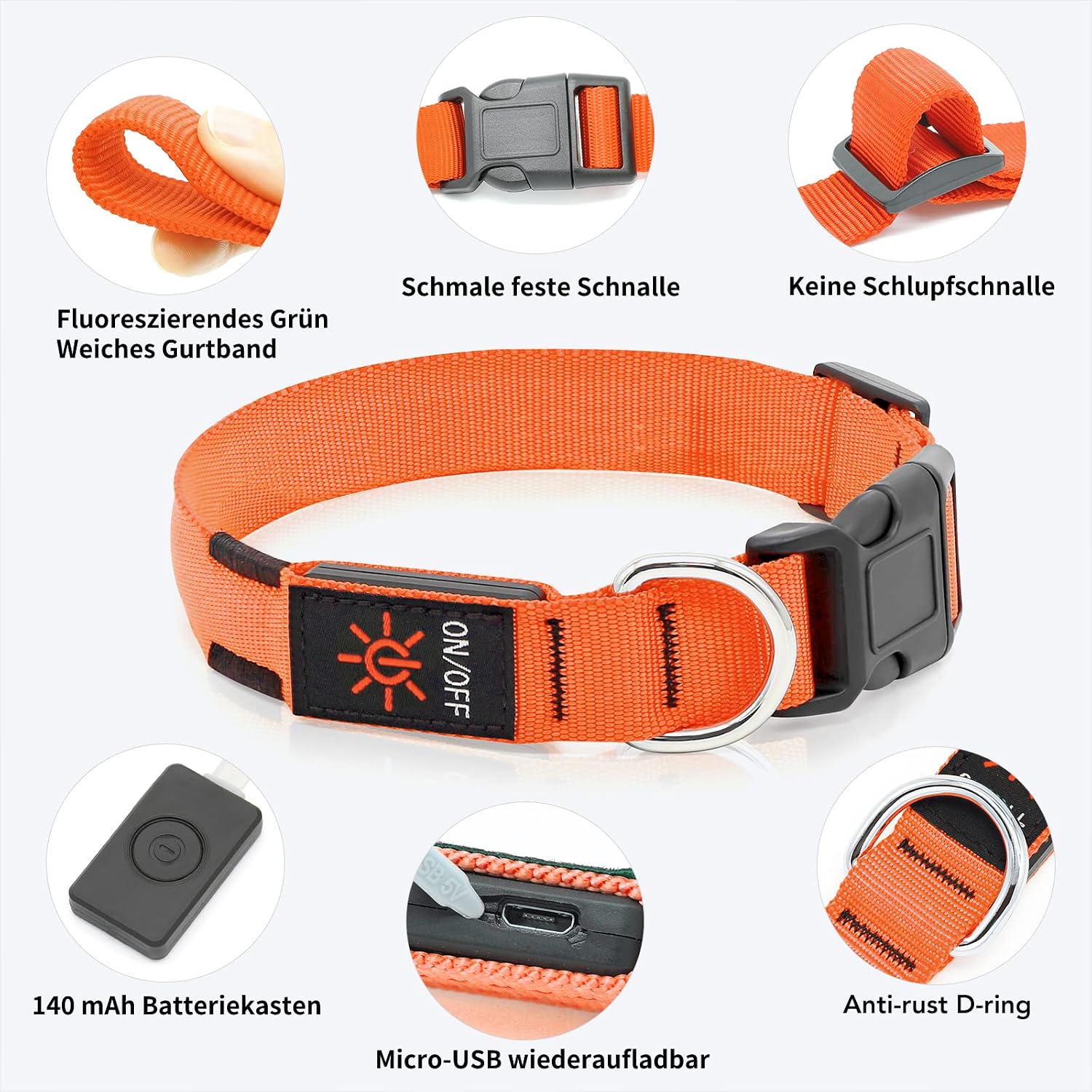 Detalle de KOSKILL Leuchthalsband für Hunde, USB-wiederaufladbar (Orange, L)