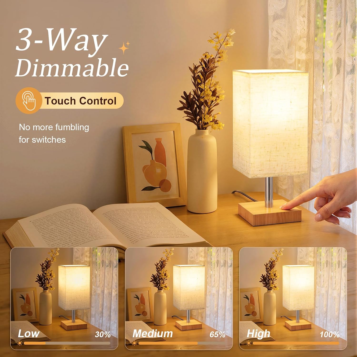 Detalle 2 de PreeOtti Bedside Lamps – Small Linen Touch Lamp with 3‑Step Dimming (UK Plug)