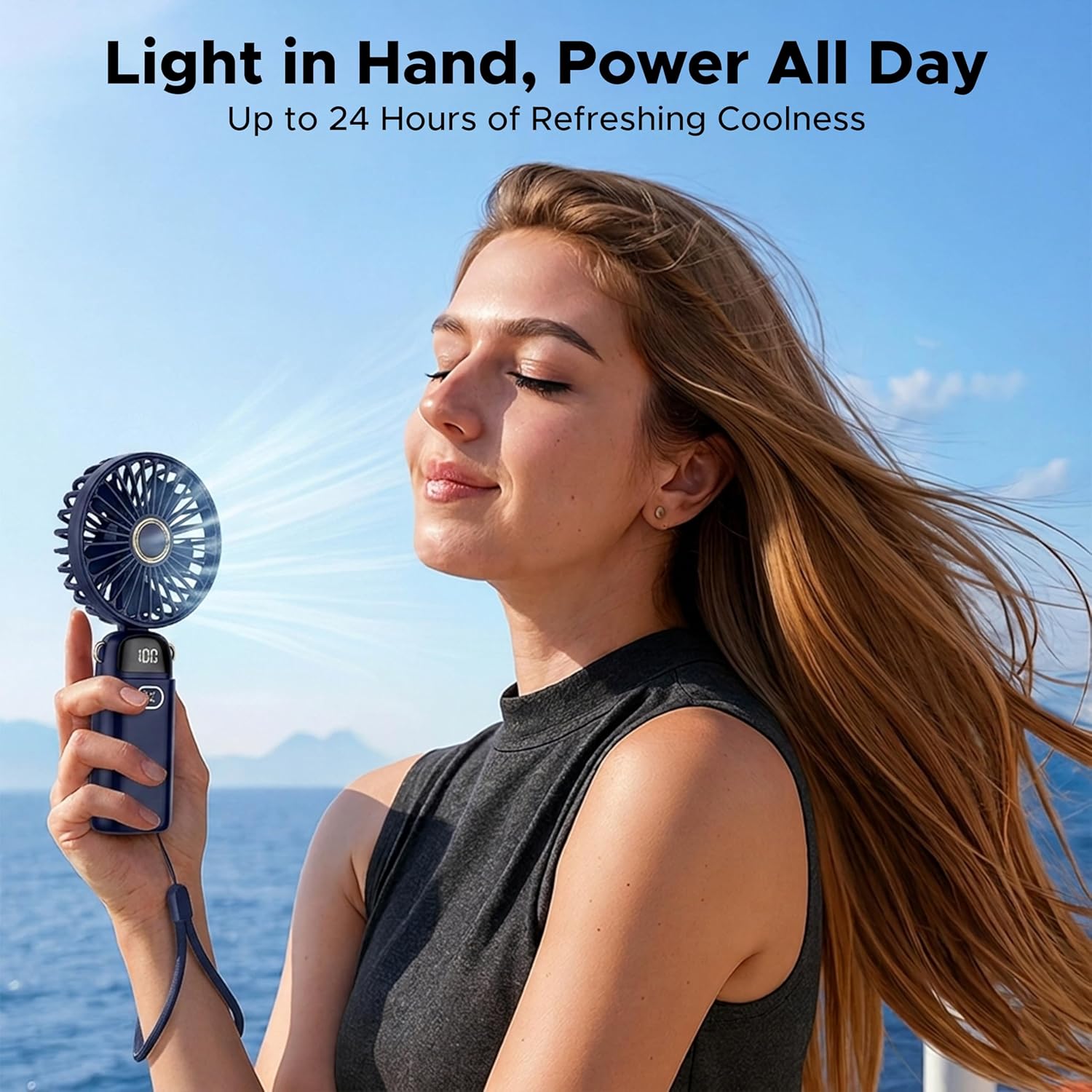 Detalle de EcoNour Portable Handheld Turbo Fan – 5 Gear High Speed, 3000mAh Battery, Black