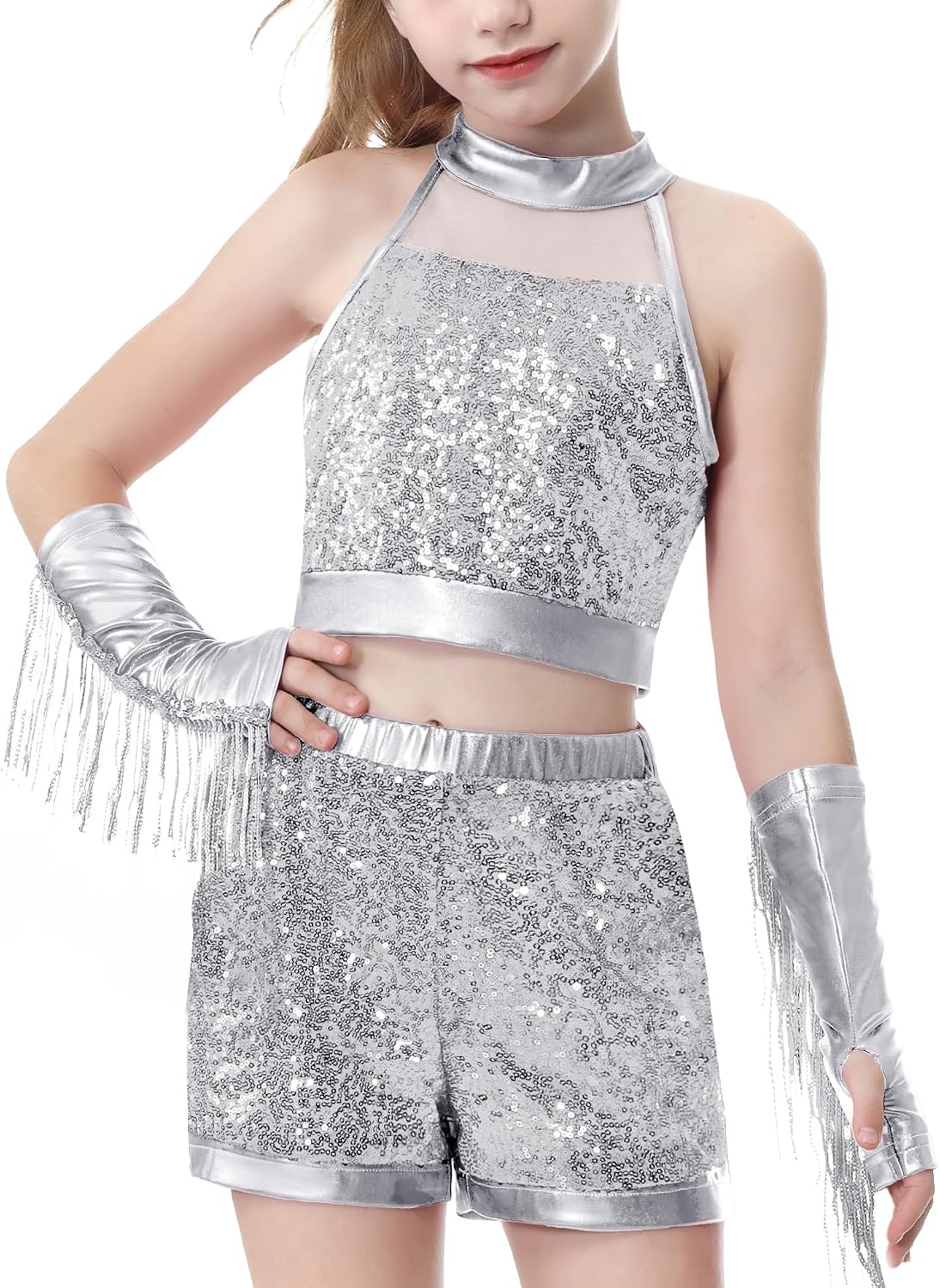 Detalle de LOLANTA paillettendansset voor meisjes met crop top, shorts en franjes