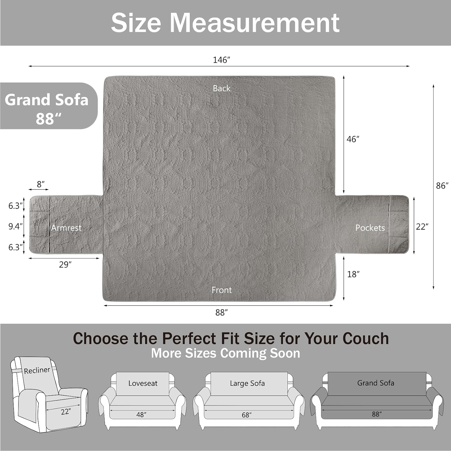 Thumbnail 6 de Pamhaven Quilted Grand Sofa Covers: 88" Water-Repellent Slipcover with Side Pockets