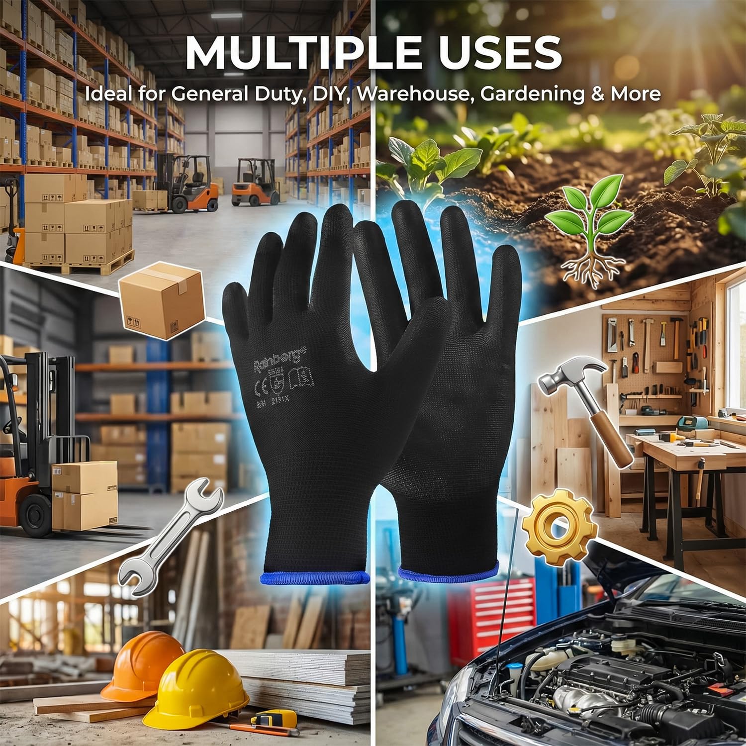 Thumbnail 3 de Rainberg Safety Gloves – Pack of 12 (Large) with Non-Slip PU Grip for General Duty Tasks