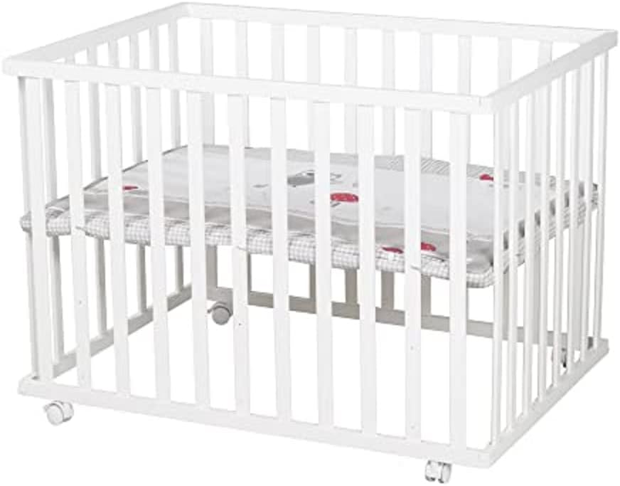 Thumbnail 4 de Roba Parc Bébé Rectangulaire en Bois 75 x 100 cm avec Tapis et Roues à Freins – Base Ajustable en Hauteur