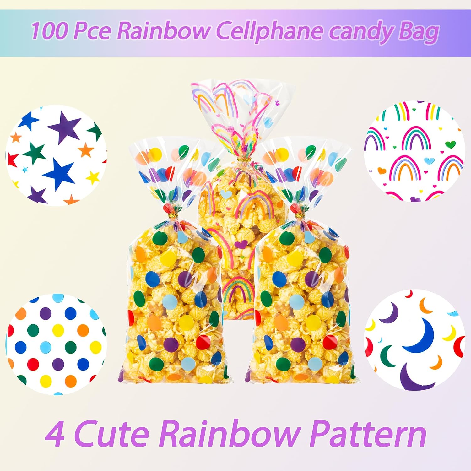 Detalle de 100 Pcs Cellophane Treat Bags Rainbow Stars and Dots ⌛🎉