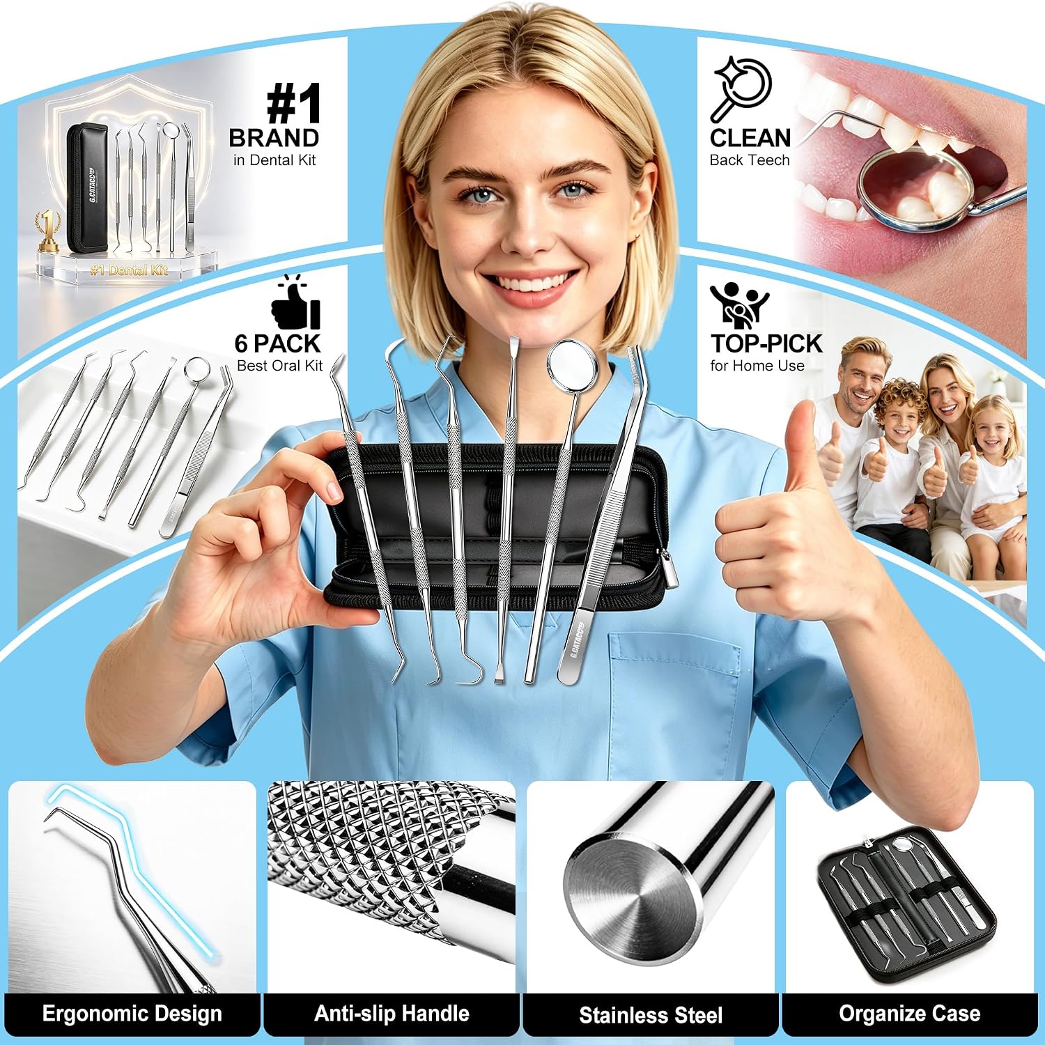 Detalle de G.CATACC Dental Tools 6-Piece Stainless Steel Dental Cleaning Kit