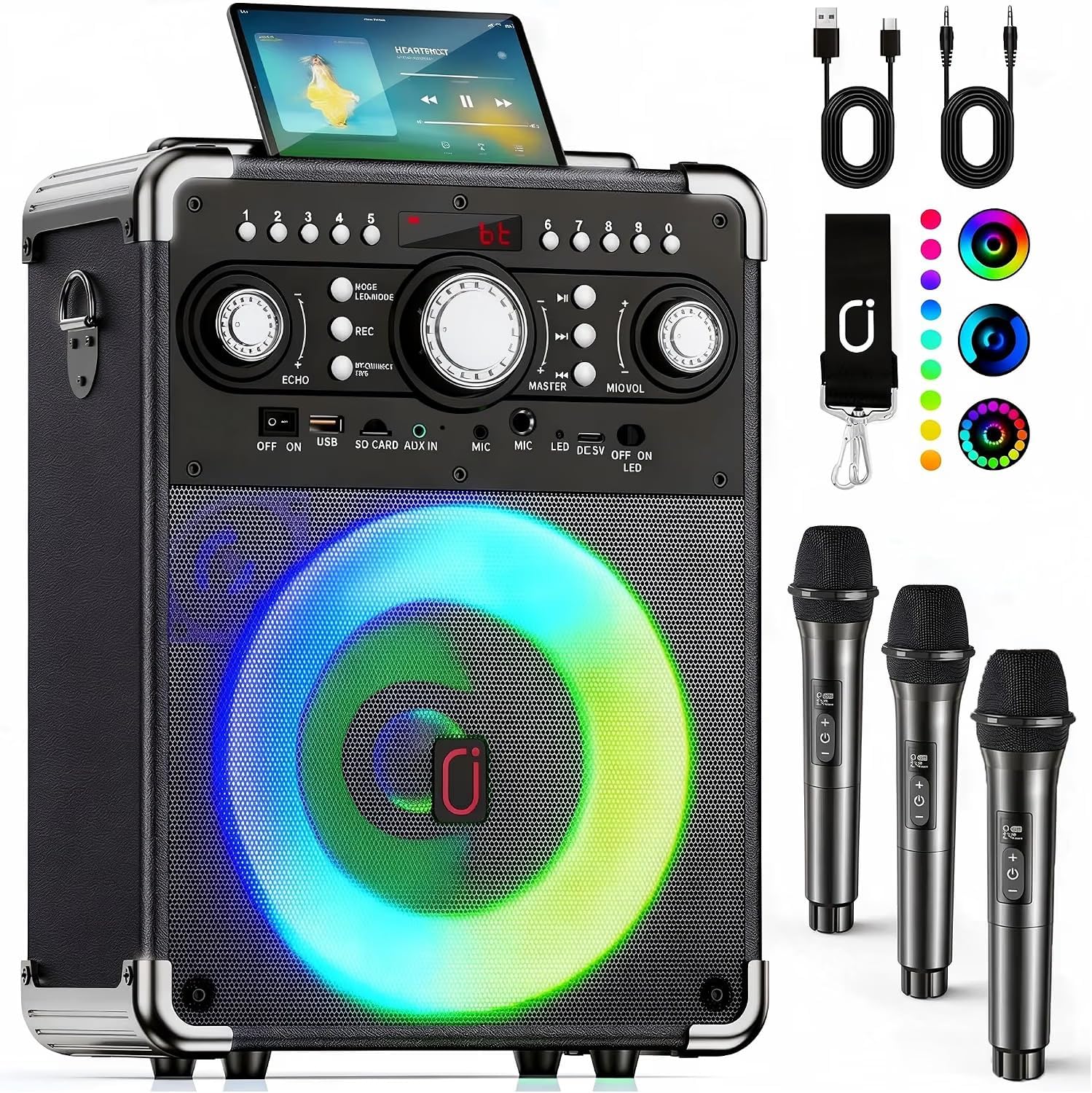 Detalle de HWWR S8-T Karaoke Machine with 500W Peak Speaker, 6-inch Woofer and 3 Wireless Microphones