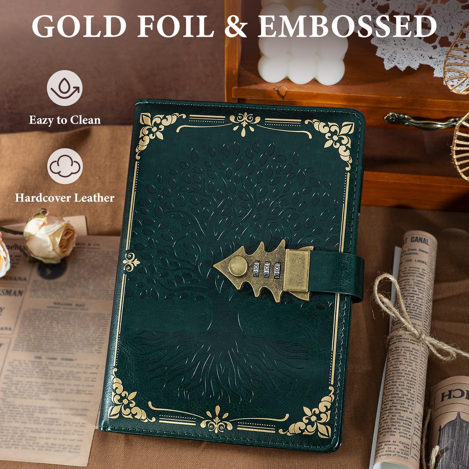 Detalle de WEMATE Tagebuch mit Schloss, A5 Hardcover (260 Seiten) inkl. Geschenkbox – nachfüllbar, Vintage-Optik in Grün