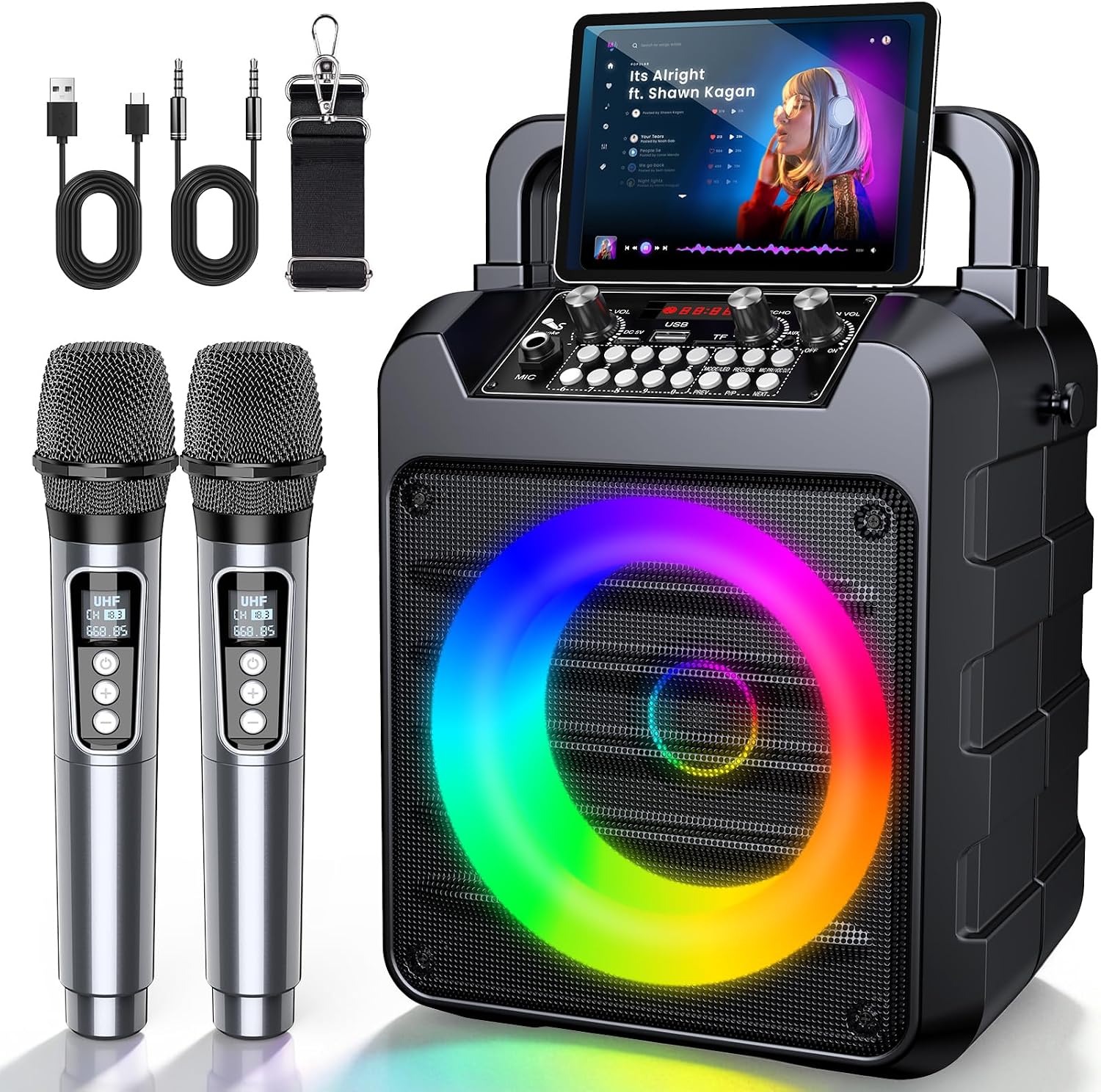 Dislocati Karaoke con Microfono: Kit Professionale Portatile Bluetooth 20W con 2 Microfoni UHF e LED