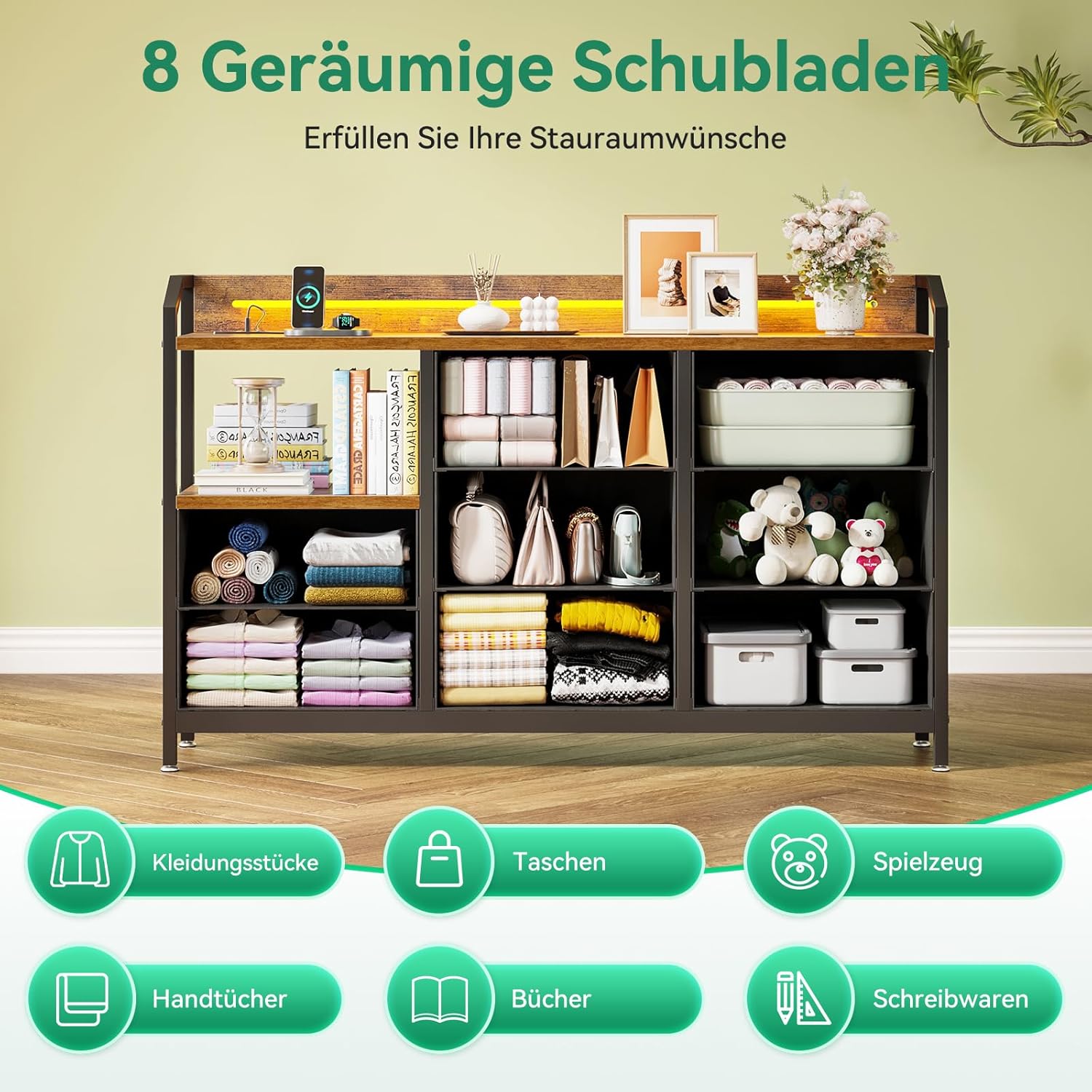 Detalle 2 de ODK Kommode mit 8 Stoffschubladen, LED-Lichtstreifen (10 Farben) und 2 USB/2 AC Steckdosen – 110×30×88 cm Vintage