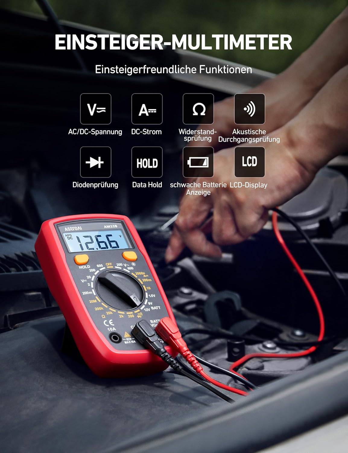 Thumbnail 1 de AstroAI Digital-Multimeter (Voltmeter/Strommessgerät) für AC/DC, Widerstand, Diode & Durchgang – mit großer LCD-Anzeige