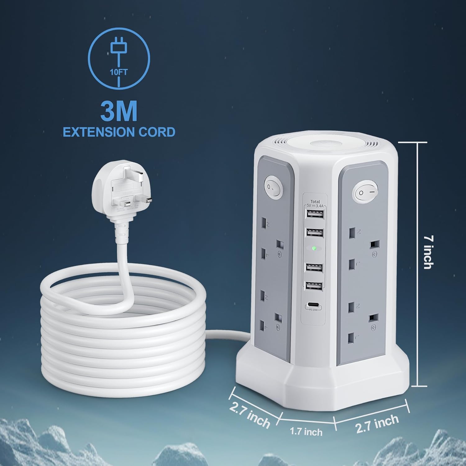 Thumbnail 5 de Tower Extension Lead 8-Way 13A 3250W, 5 USB Ports 🔌