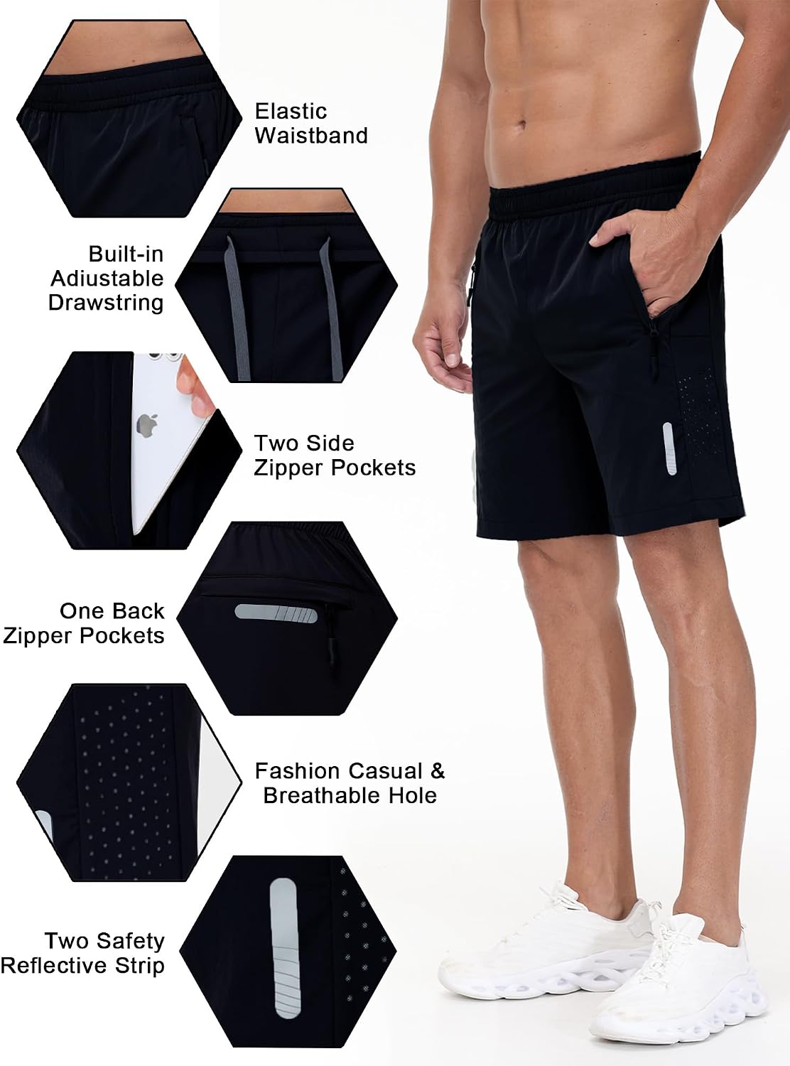 Detalle de Rvinroo Men's 8-Inch Sports Shorts with Zip Pocket