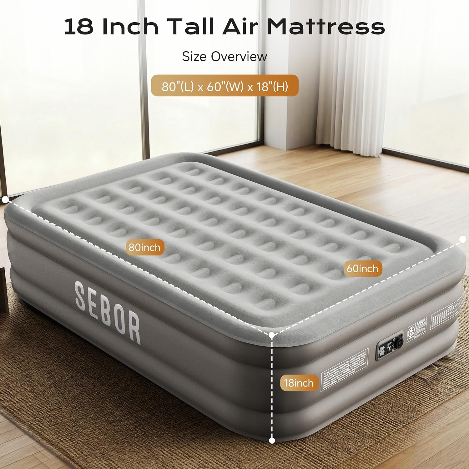 Thumbnail 1 de Sebor Air Mattress Queen with Built-in Pump — 18" Comfort, Durable PVC, portable for guests, camping, and travel