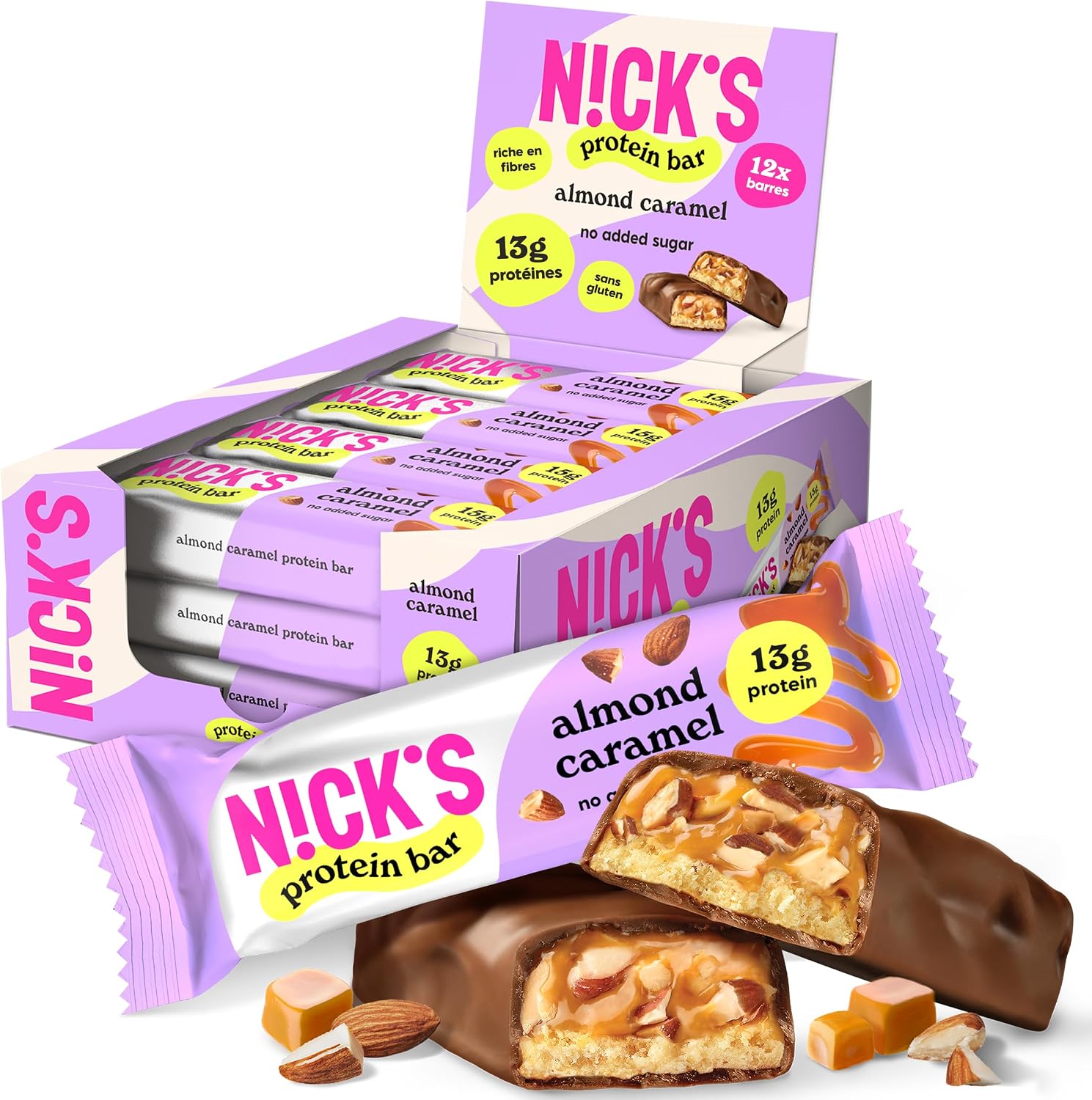 Detalle de N!CK'S proteïnereep met amandel en karamel, 13 g eiwit, glutenvrij
