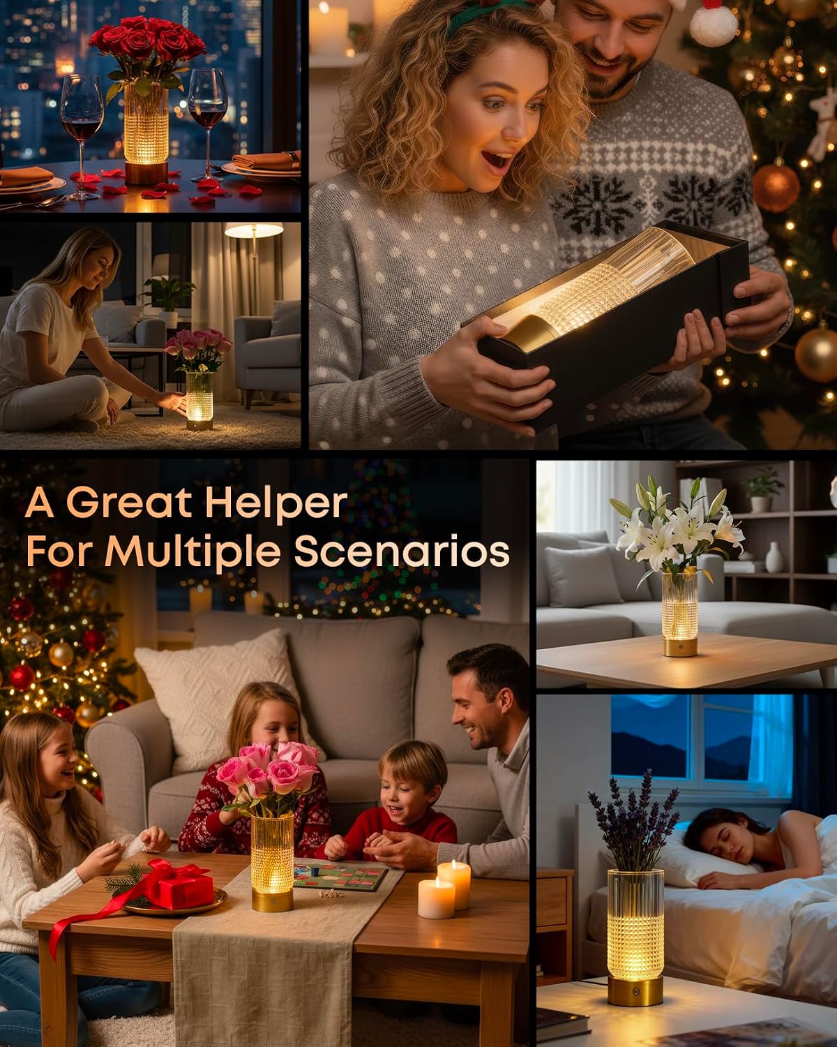Detalle de YITGOG Light Up Vase with Lamp: Cordless Crystal Vase in Copper Finish, 3-Colour Dimmable Light