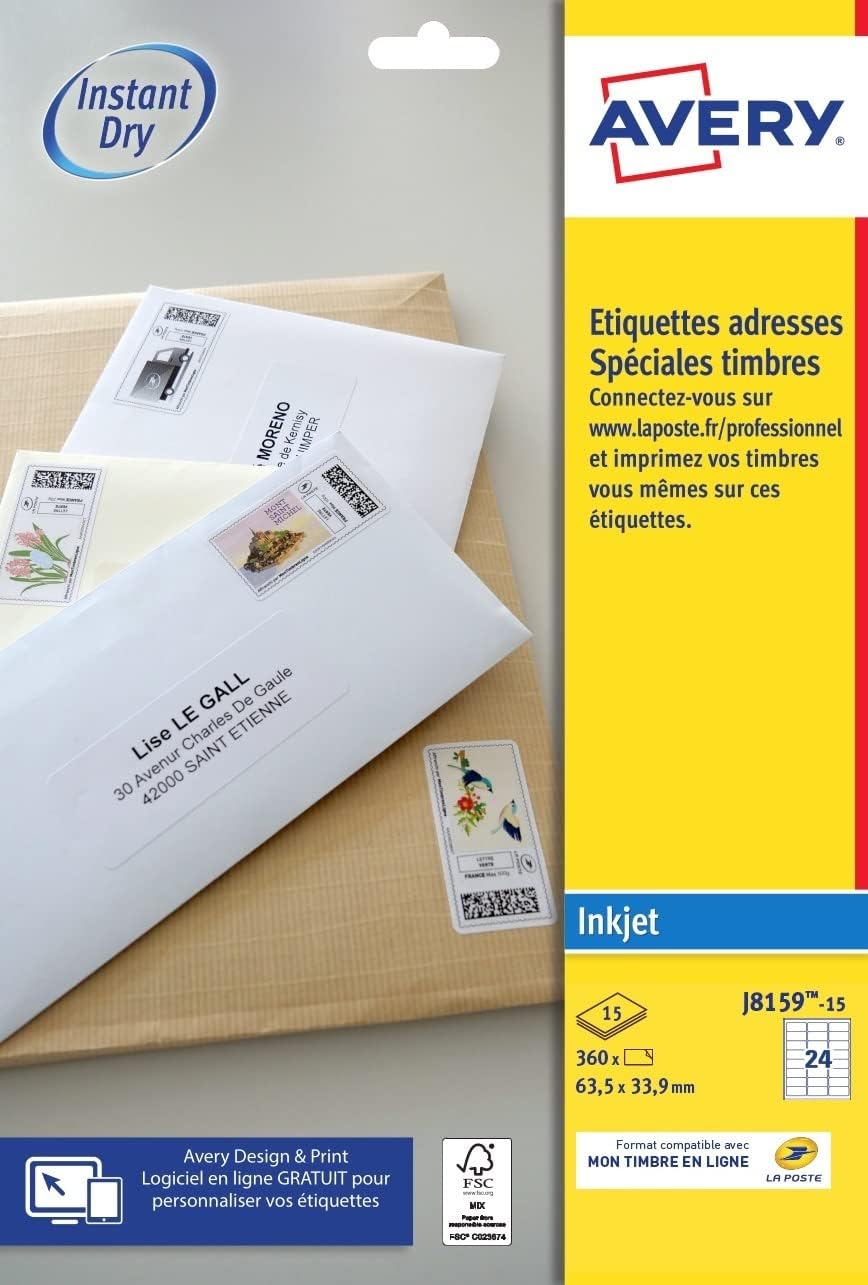 Thumbnail 2 de Avery Étiquettes Autocollantes Blanches 360 Pièces 63,5x33,9 mm – Feuille A4, Jet d’Encre, FSC, Mon Timbre en Ligne