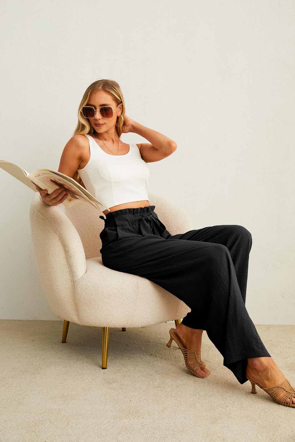 Thumbnail 4 de IWOLLENCE Women's Wide Leg Pants with Pockets - High Waist Adjustable Knot Trousers