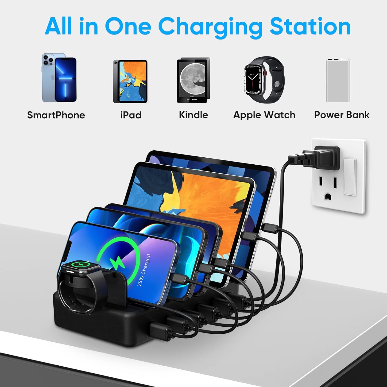 Thumbnail 5 de Charging Station for Multiple Devices with Apple Watch Holder – 6 Ports, 50W (Black)