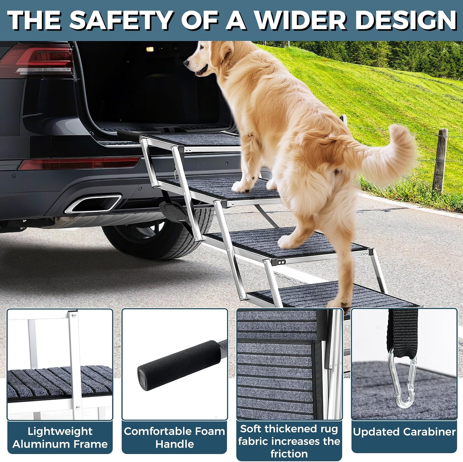 Thumbnail 2 de Extra Wide Dog Ramp for Cars: Aluminum Steps with Non-Slip Carpet for Easy SUV Access