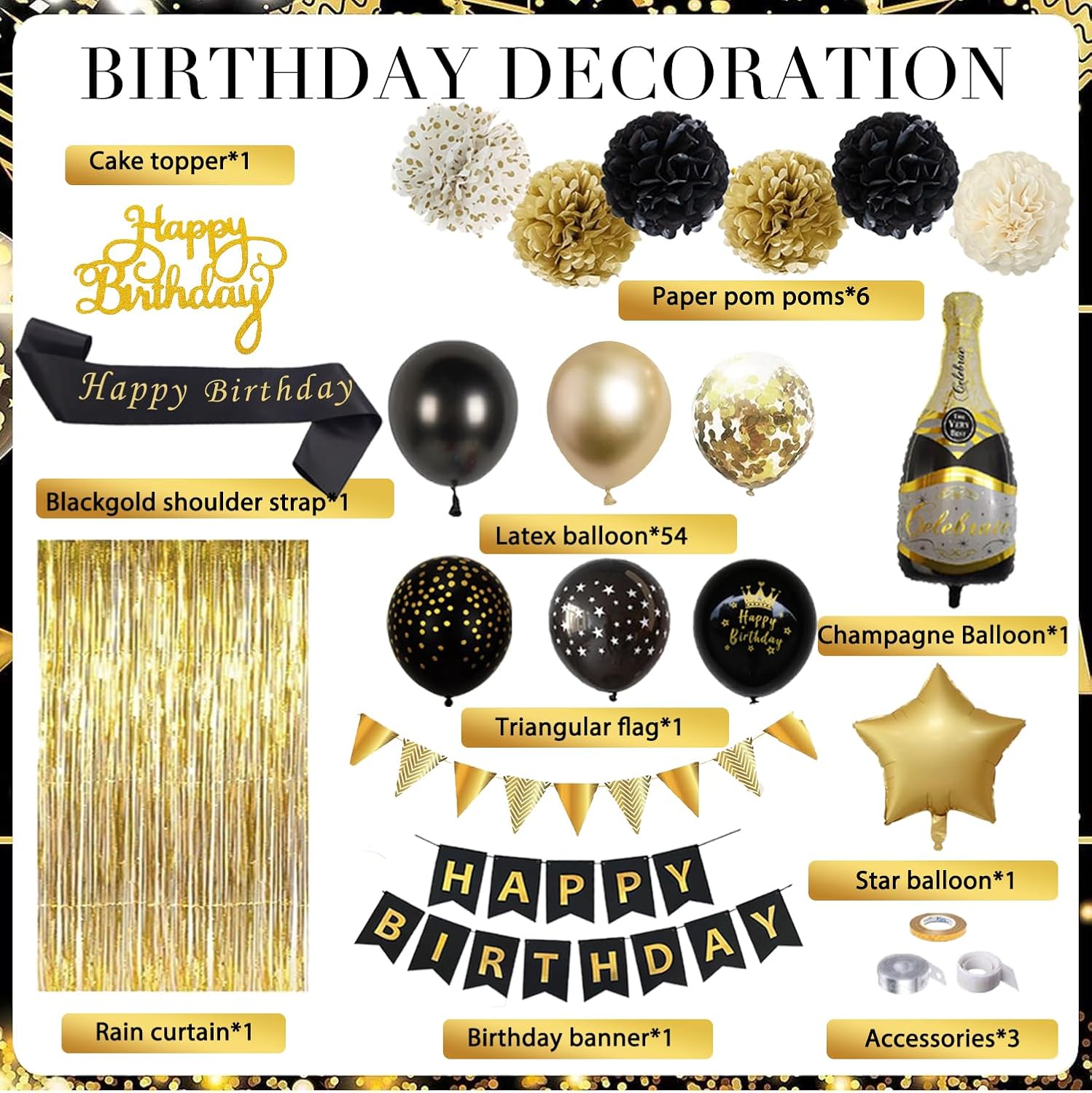 Thumbnail 1 de Birthday Decorations Black Gold Party Decoration Set