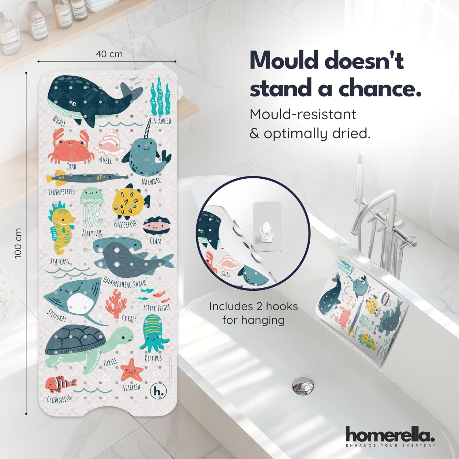 Thumbnail 2 de Homerella Bath Mat Non Slip Anti Mould Kids 100x40cm with 2 Hooks – Colourful Underwater ABC