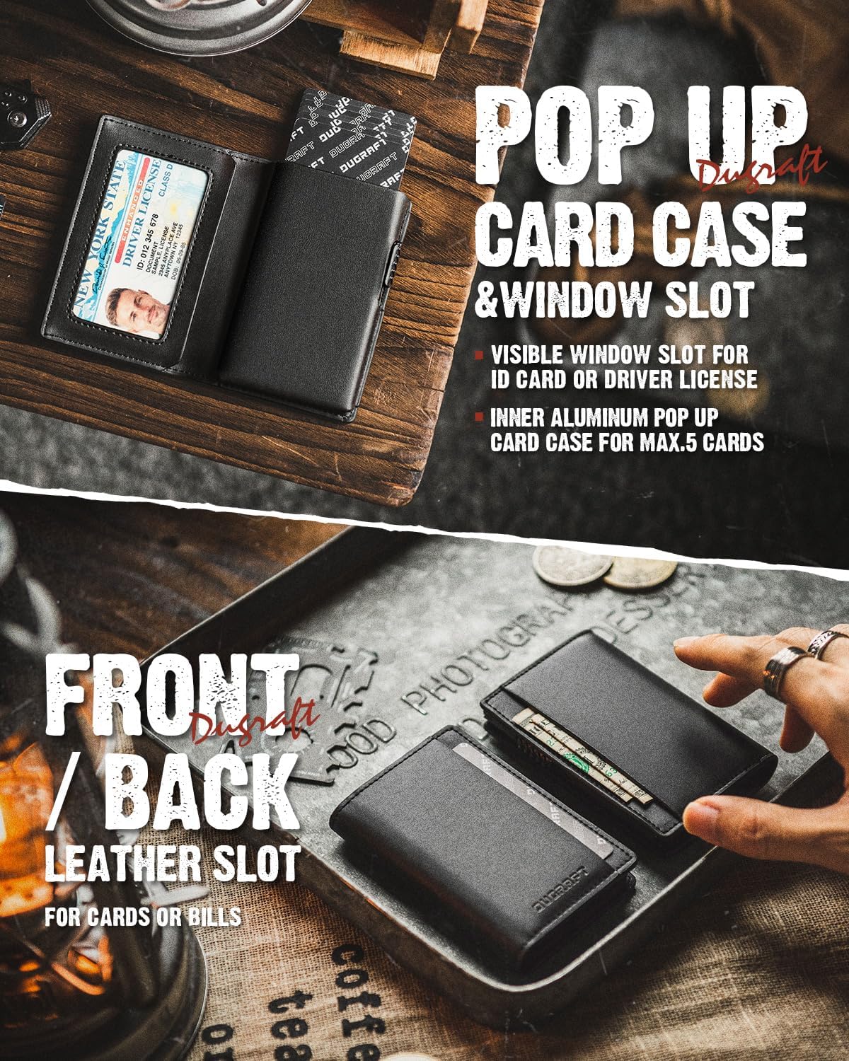Detalle de DUGRAFT Minimalist Aluminium Pop-Up Card Wallet with RFID Blocking – Black