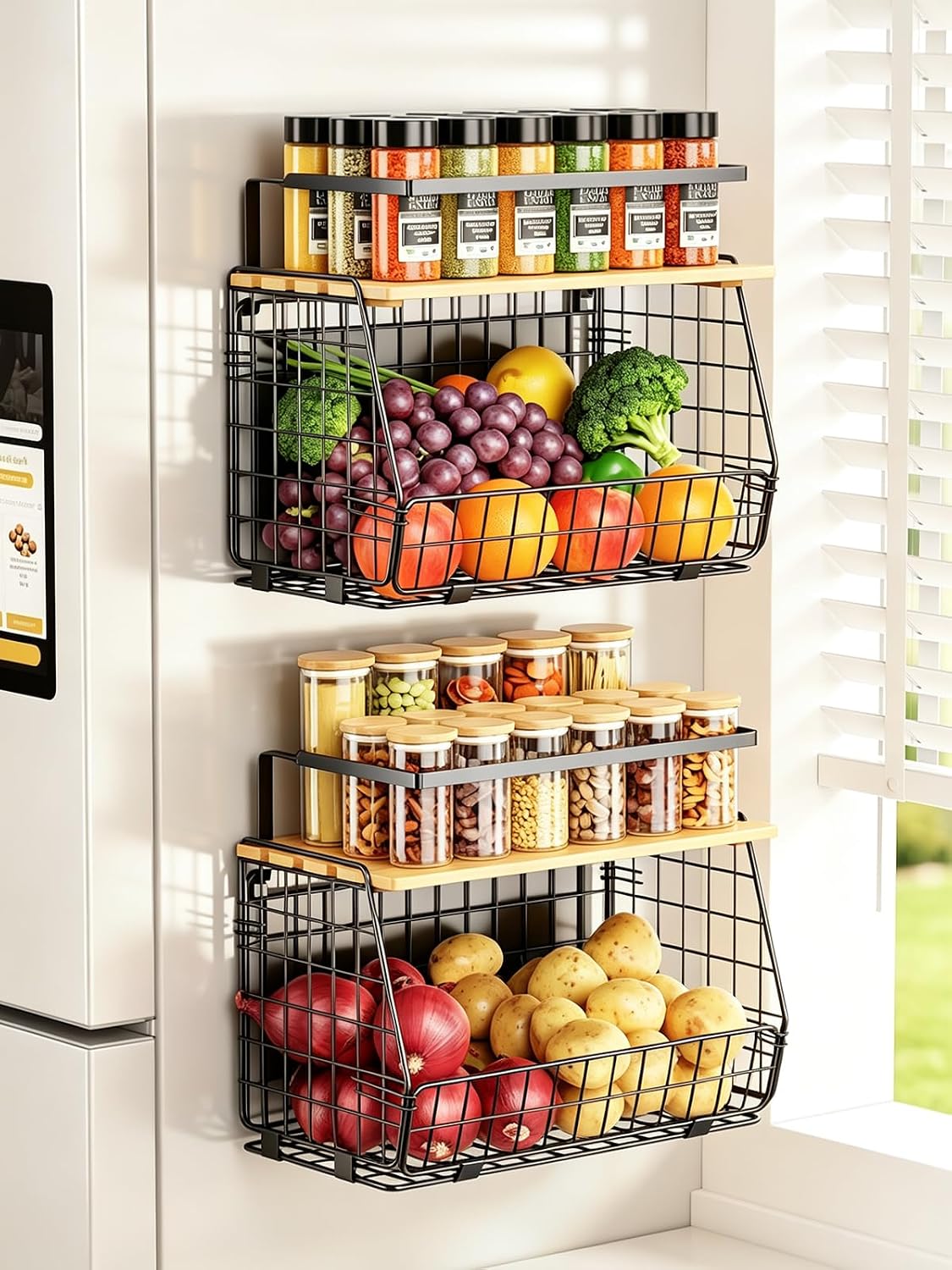 Detalle de GGIU Magnetic Shelf for Fridge with Wood Lid (2-Pack) – Fruit, Potato & Onion Storage Bin