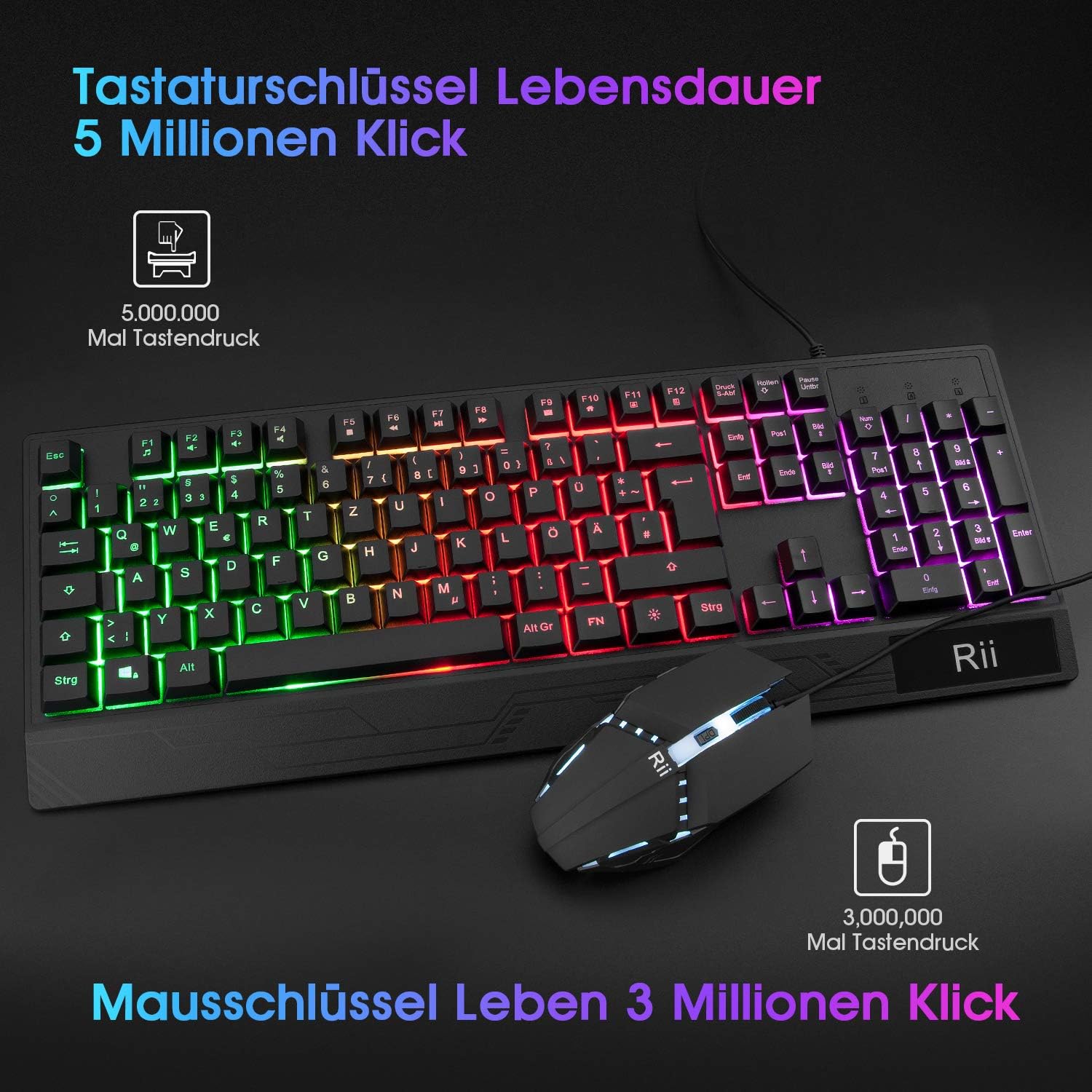 Detalle de Rii Gaming Tastatur und Maus Set – RGB-Beleuchtung, DE-Layout, QWERTZ, wasserdicht
