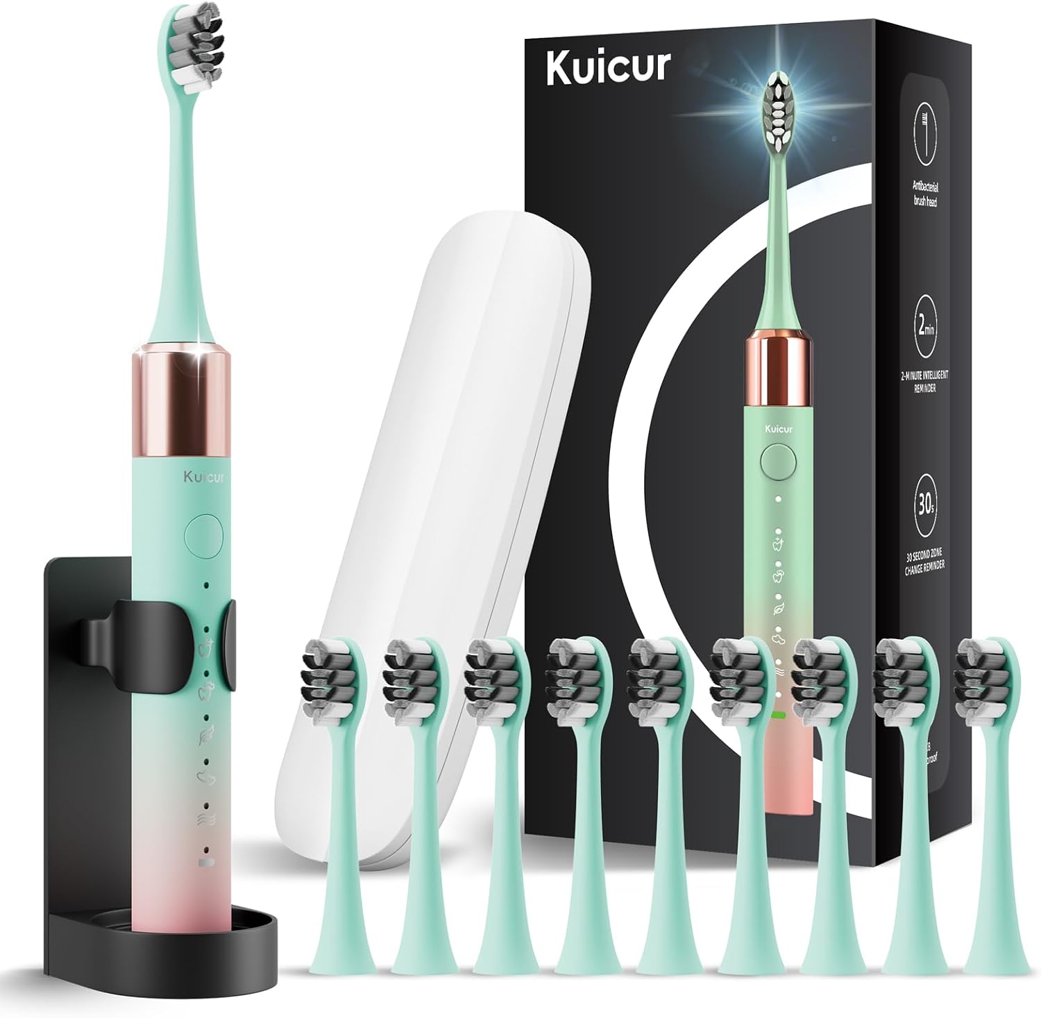 Detalle de Kuicur Portable Electric Soft Toothbrush with Travel Case — 90-Day Battery, 10 Heads, 5 Modes