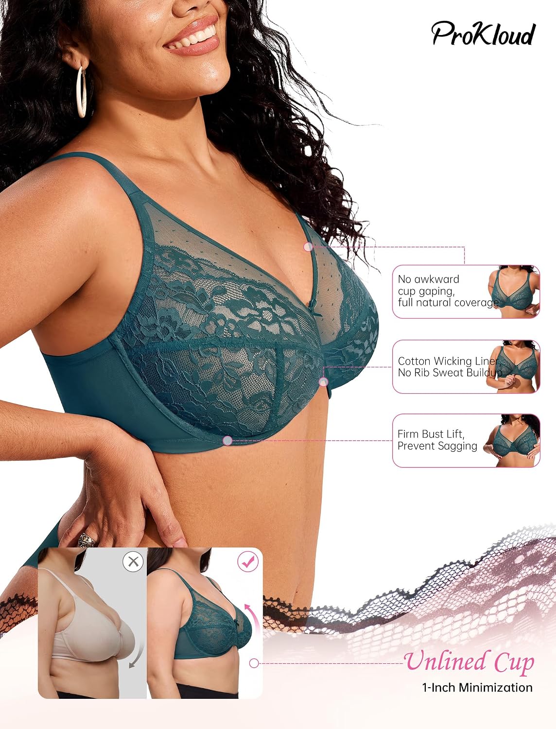 Detalle 2 de ProKloud Minimizer Bra, Full Coverage Unlined Lace with Underwire Support