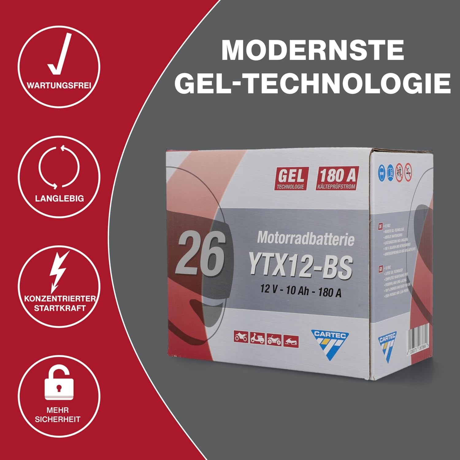 Thumbnail 2 de CARTEC YTX12-BS Gel Motorradbatterie