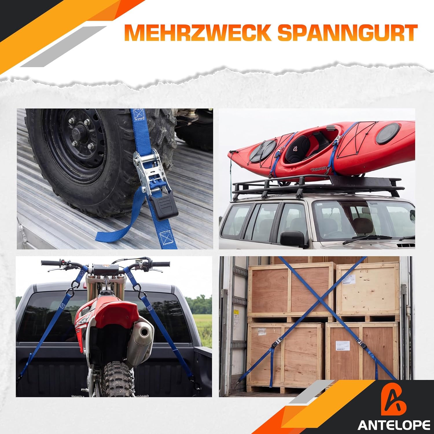 Thumbnail 4 de A ANTELOPE Spanngurte mit Ratsche 25 mm x 4 m (4 Stück) – Zurrgurte bis 900 kg Bruchfestigkeit, TÜV/GS