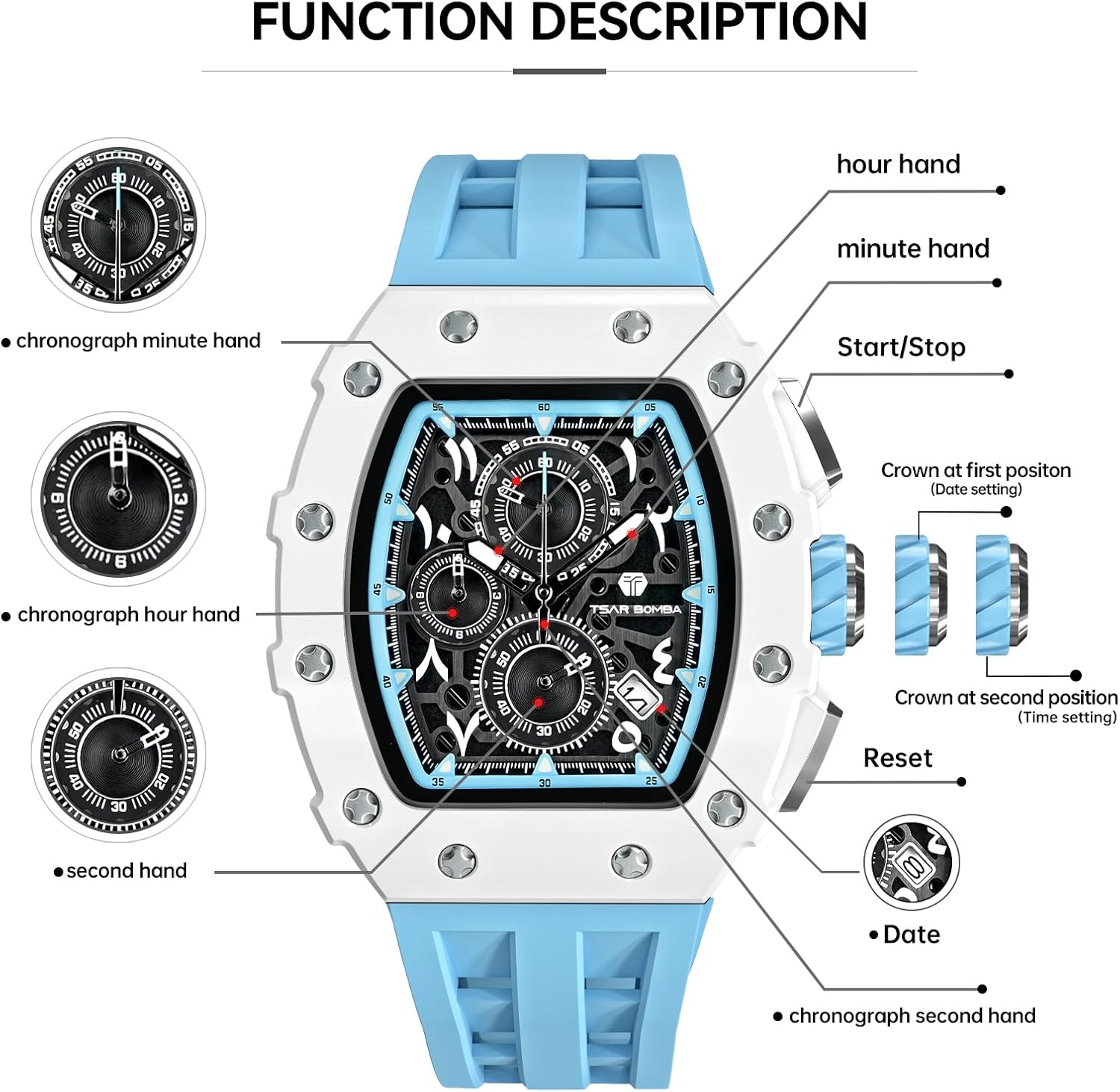 Thumbnail 4 de TSAR BOMBA Orologi da uomo di lusso: cronografo elegante con cinturino tonneau in silicone