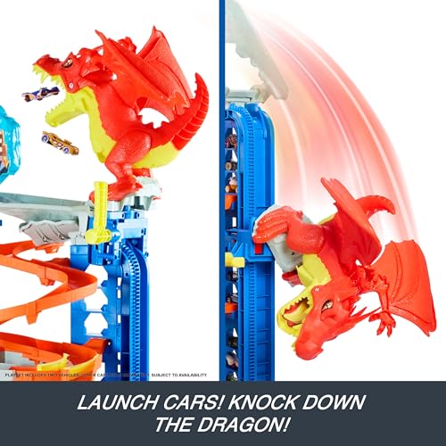 Detalle de Hot Wheels City Coffret Garage Ultime et 2 Voitures Die-Cast – Multi-niveaux avec dragon