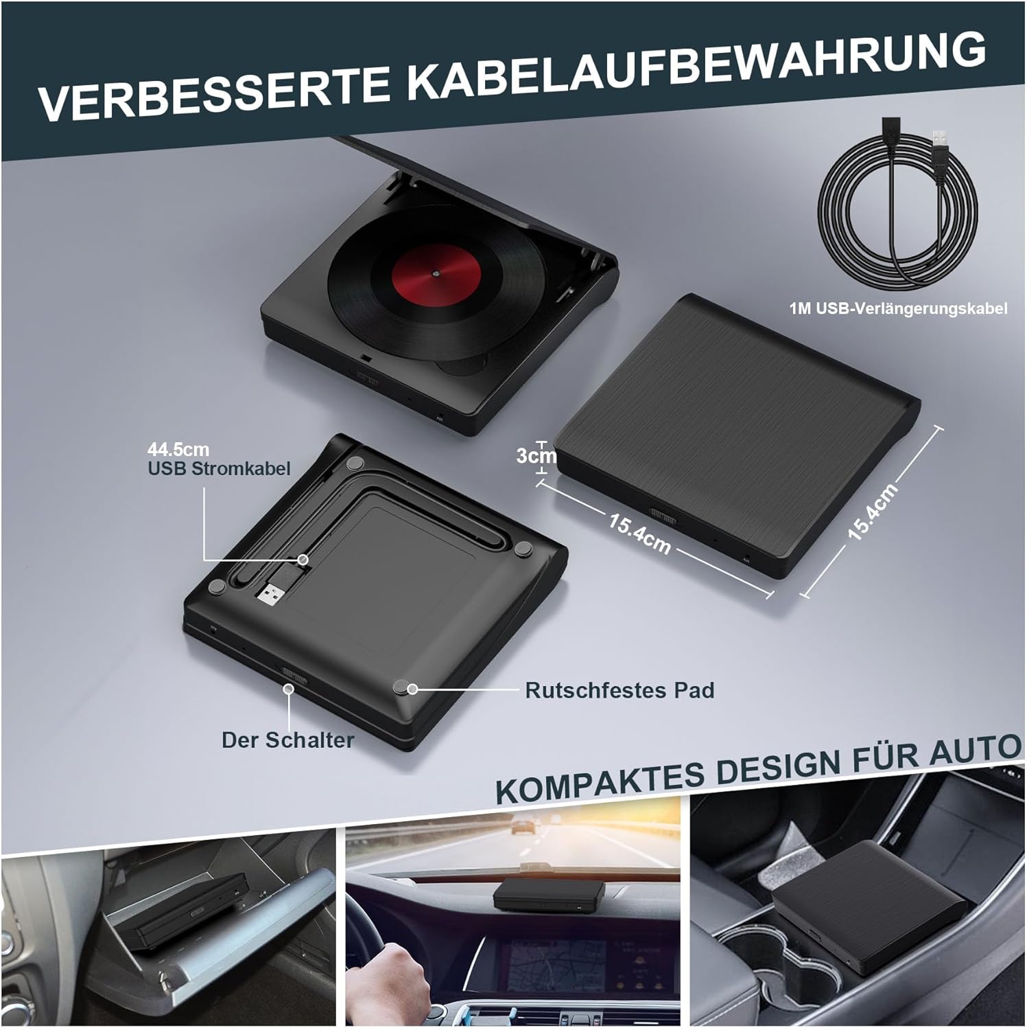 Detalle 2 de Homlab Externes CD-Laufwerk fürs Auto mit USB-Anschluss (inkl. 1 m USB-Verlängerungskabel) – für PKW/LKW