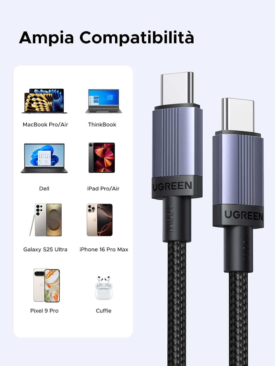 Detalle de UGREEN Zapix Cavo USB-C 100W PD, 2m, nylon intrecciato – Type-C a Type-C