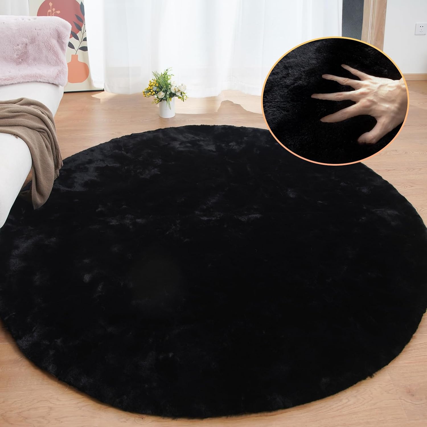 Thumbnail 3 de ORINOVA 6ft Round Faux Rabbit Fur Rug (Machine Washable, Black) for Bedroom & Living Room