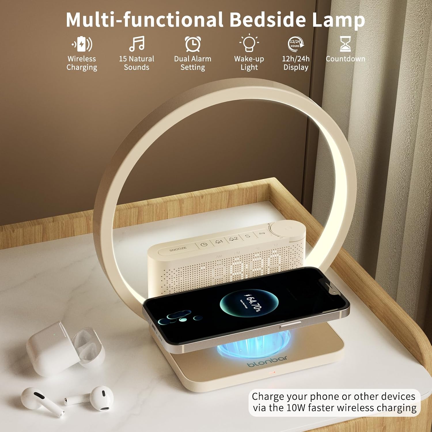 Detalle de blonbar Alarm Clock & Wake-up Light (Beige) – Sunrise Lamp with Dual Alarms and Wireless Charge