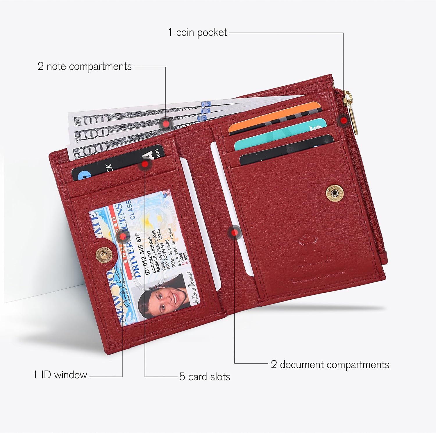 Thumbnail 1 de Oak Leathers women’s leather wallet (Nappa Red) with RFID coin purse & card holder