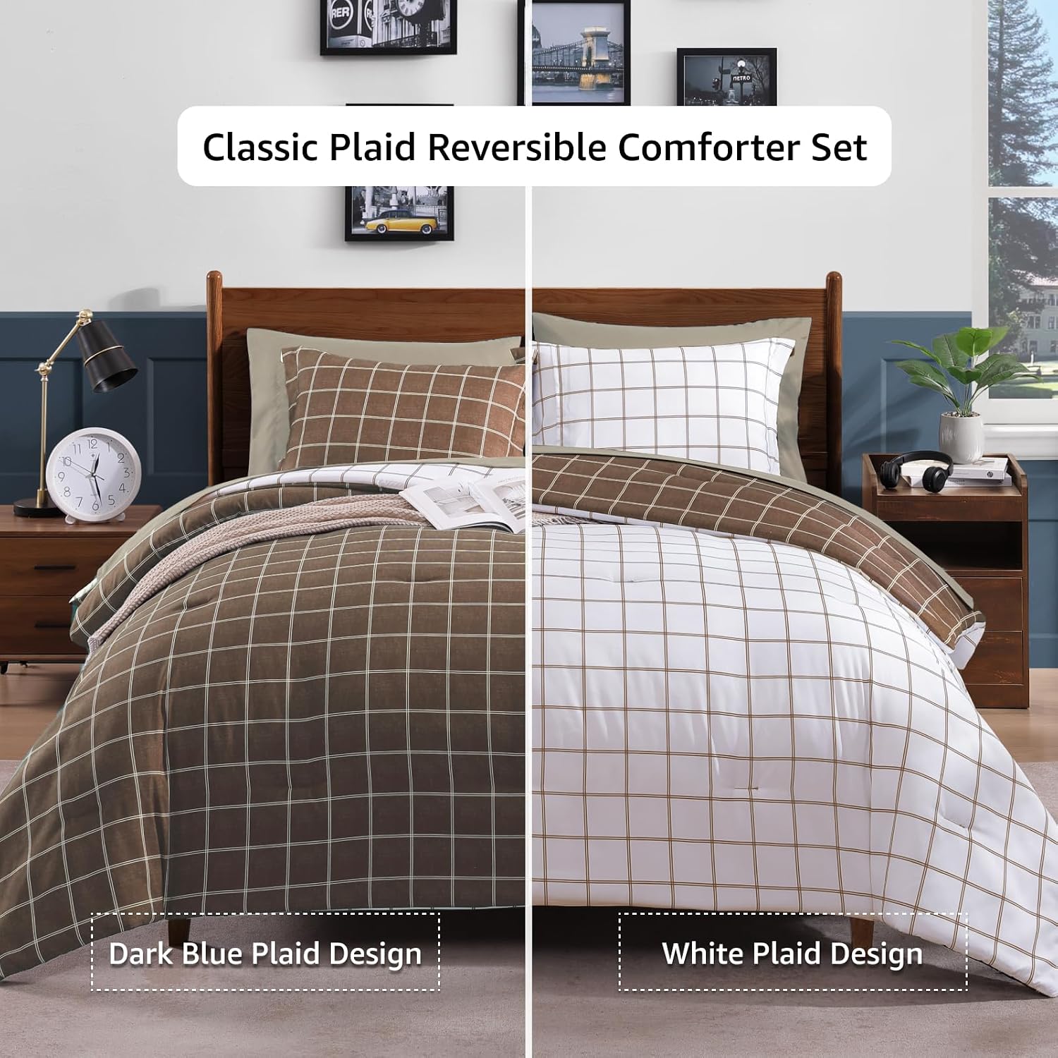 Detalle de AMBERSPACE Plaid Twin XL Comforter Set Brown – Reversible Checkered Bedding, 5-Piece Bed in a Bag