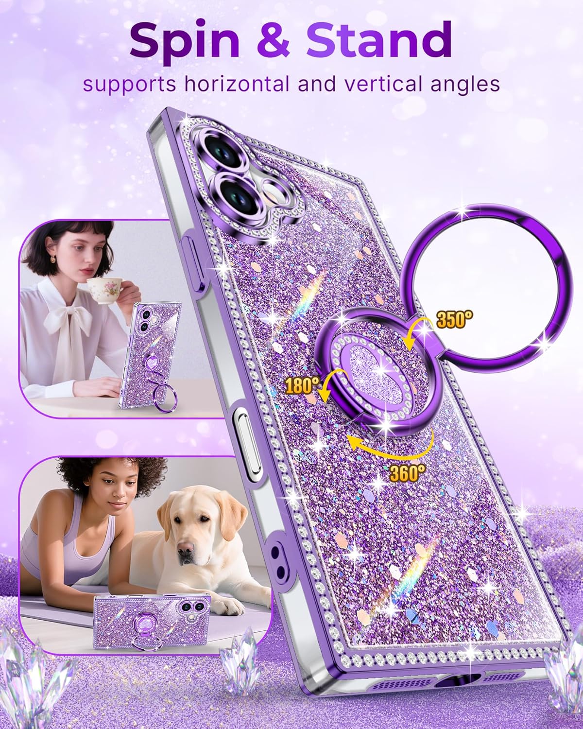 Detalle de XYZ for iPhone 17 Case with Glitter Bling, 2-Way Ring Stand & Lanyard — Purple