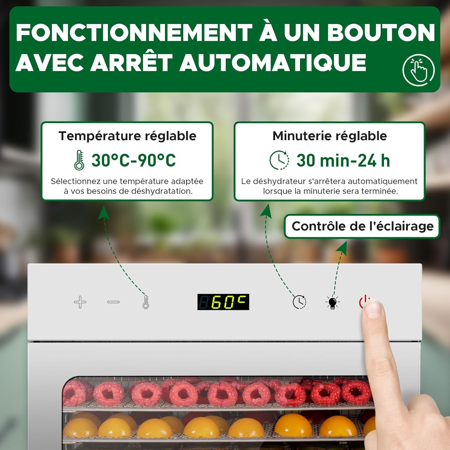 Thumbnail 3 de Kwasyo déshydrateur alimentaire en acier inoxydable 8 plateaux (30 à 90 °C) avec minuterie 24 h