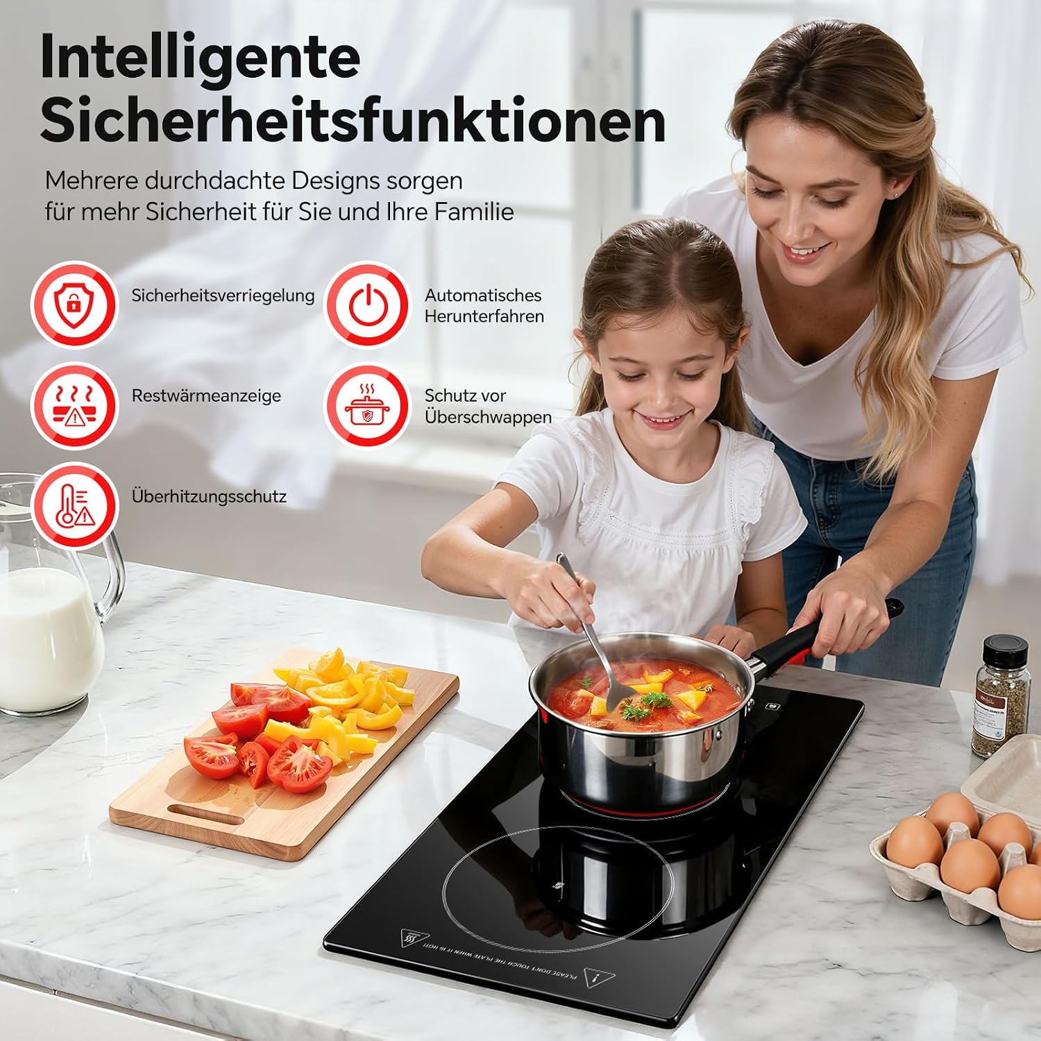 Detalle de SNDOAS Glaskeramik-Kochfeld mit 2 Platten, 3000 W, Touch, Timer (1–99 Min) und Kindersicherung – schwarz