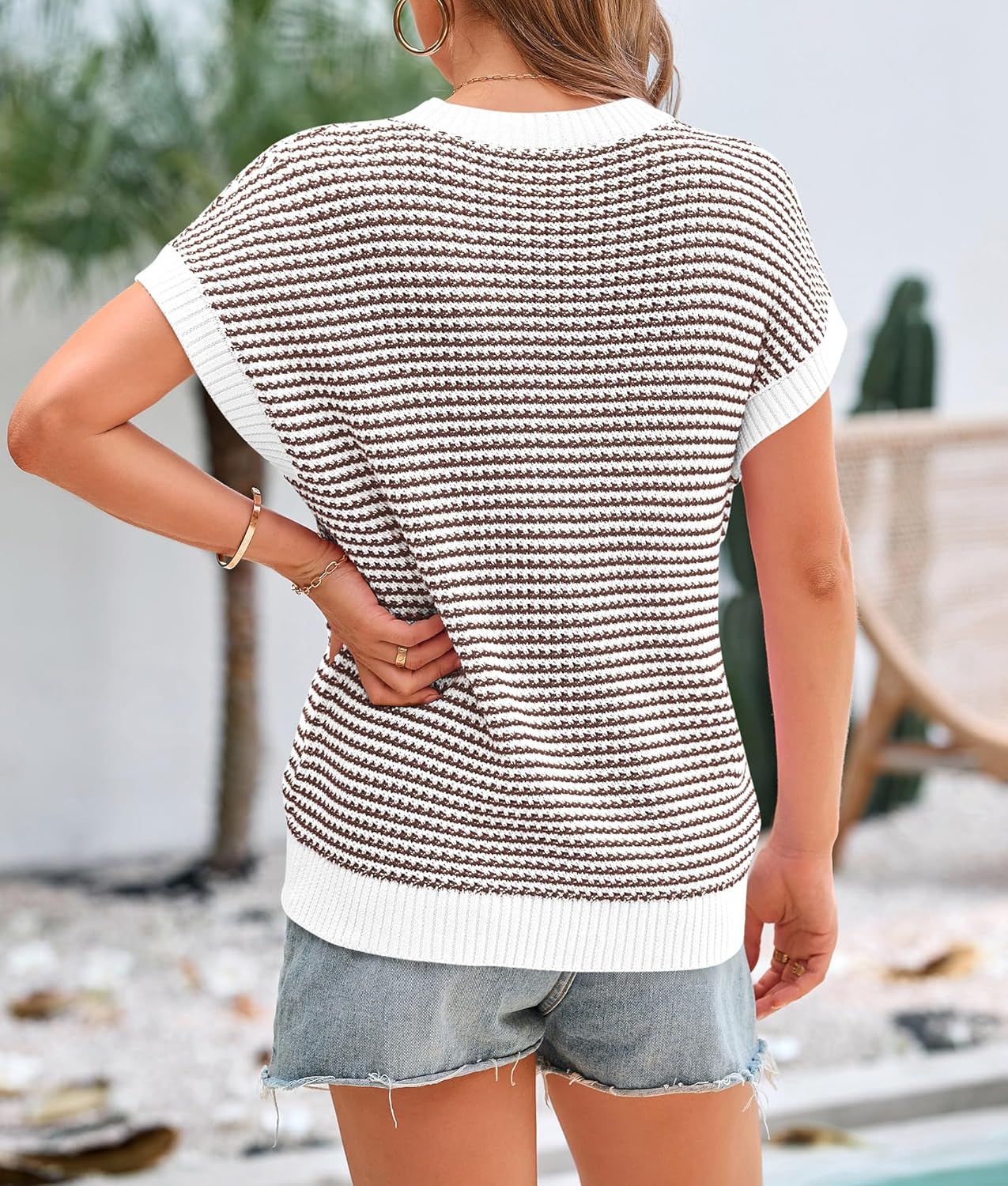 Thumbnail 1 de PRETTYGARDEN Women's Short Sleeve Knit Sweater Vest — Striped Round-Neck Pullover
