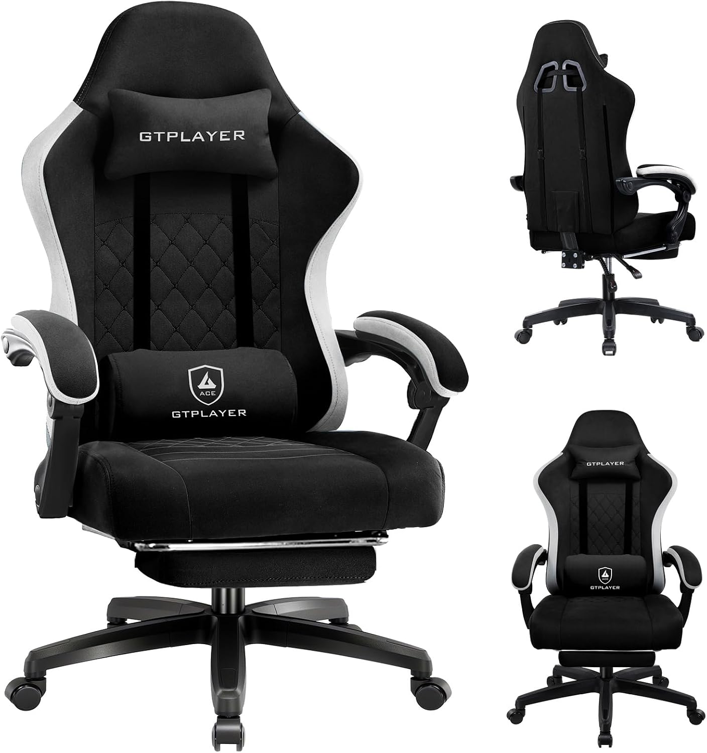 Detalle de GTPLAYER Gaming Stuhl mit Stoffbezug, verstellbaren Armlehnen und Fußstütze (bis 150 kg) – dunkelschwarz